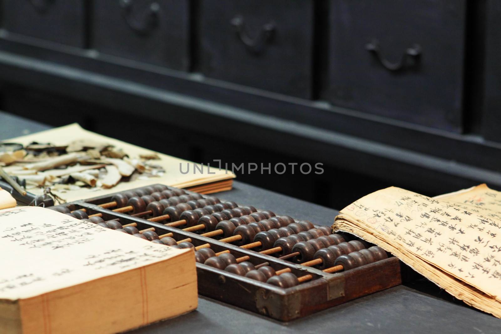 abacus and book on the table in a chinese old shop