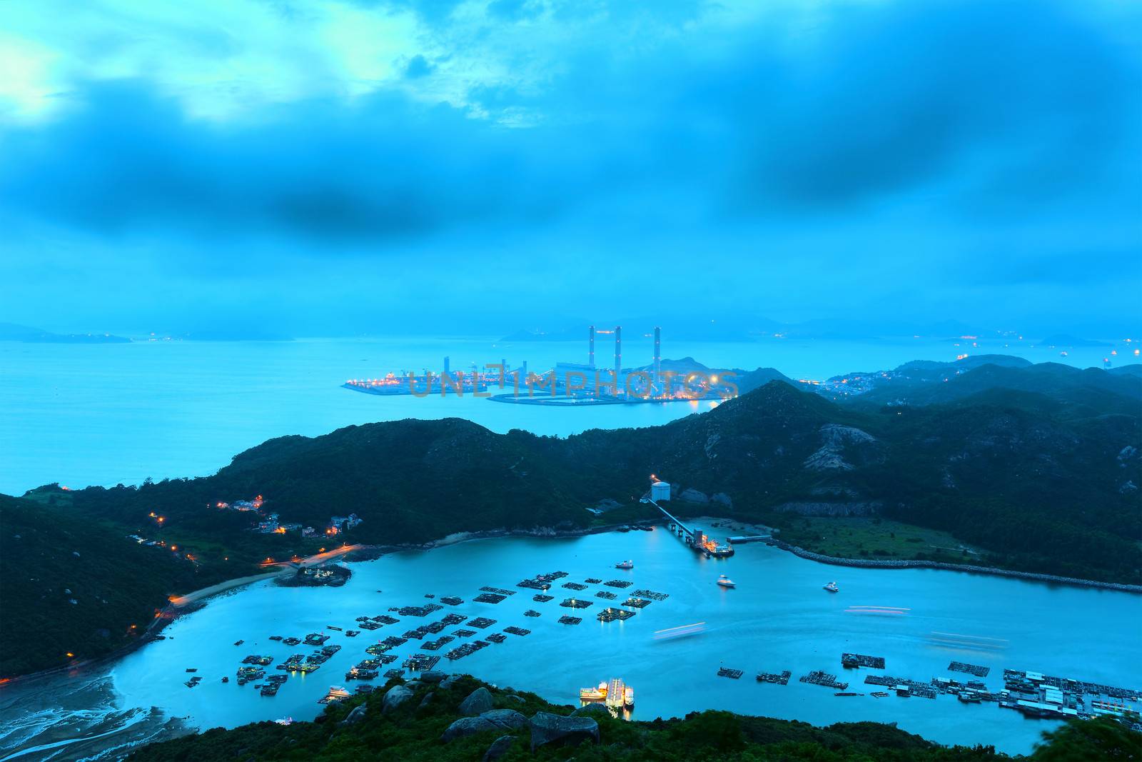 Landscape. Sunset over the mountains and the sea in  h ongkong