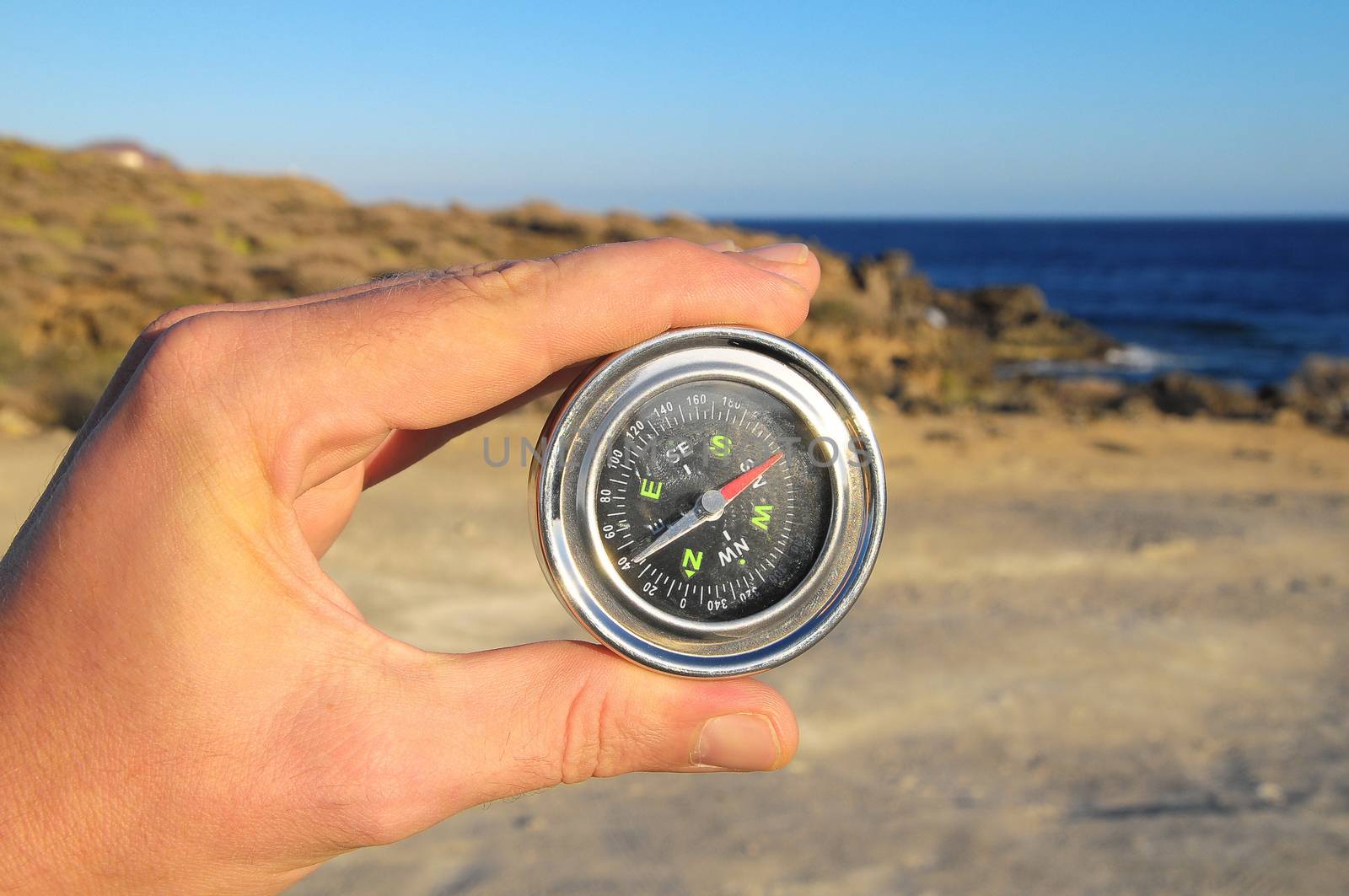 Orientation Concept a Male Hand Holding a Metal Compass