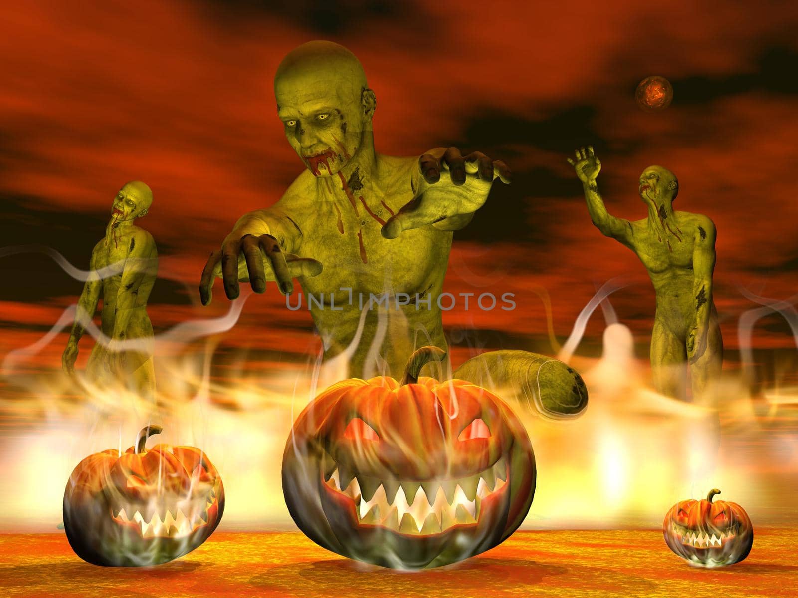 Three pumpkin lanterns burning on the ground, zombies behind by night with red planet for halloween