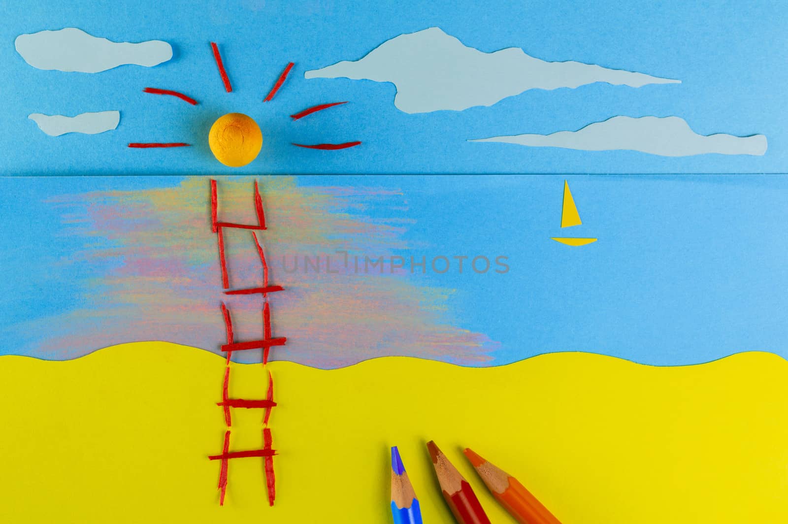 Staircase leading to the sun on a figurative beach on the sunset