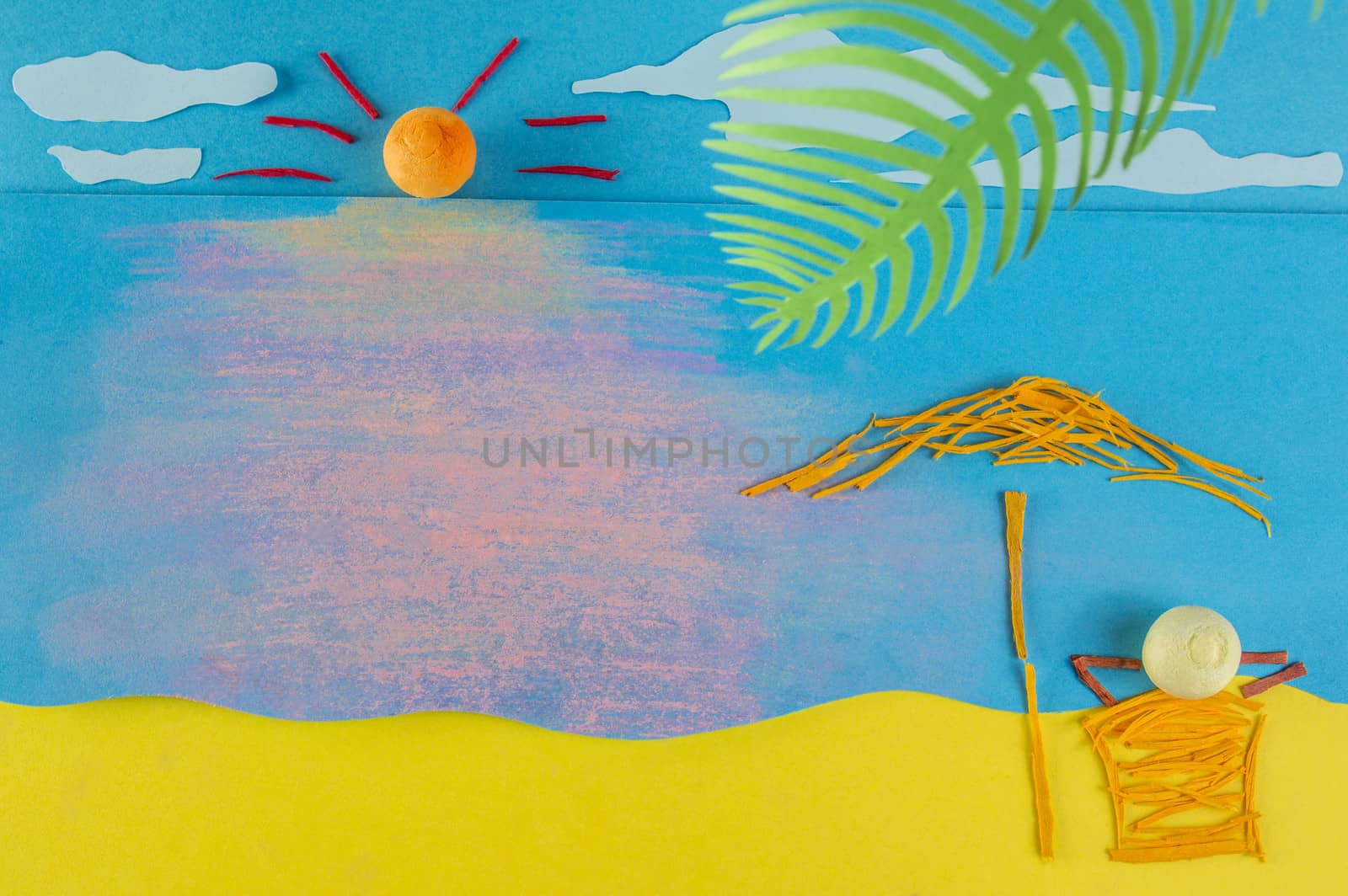 Figurative person relaxing on a beach under umbrella at the sunset