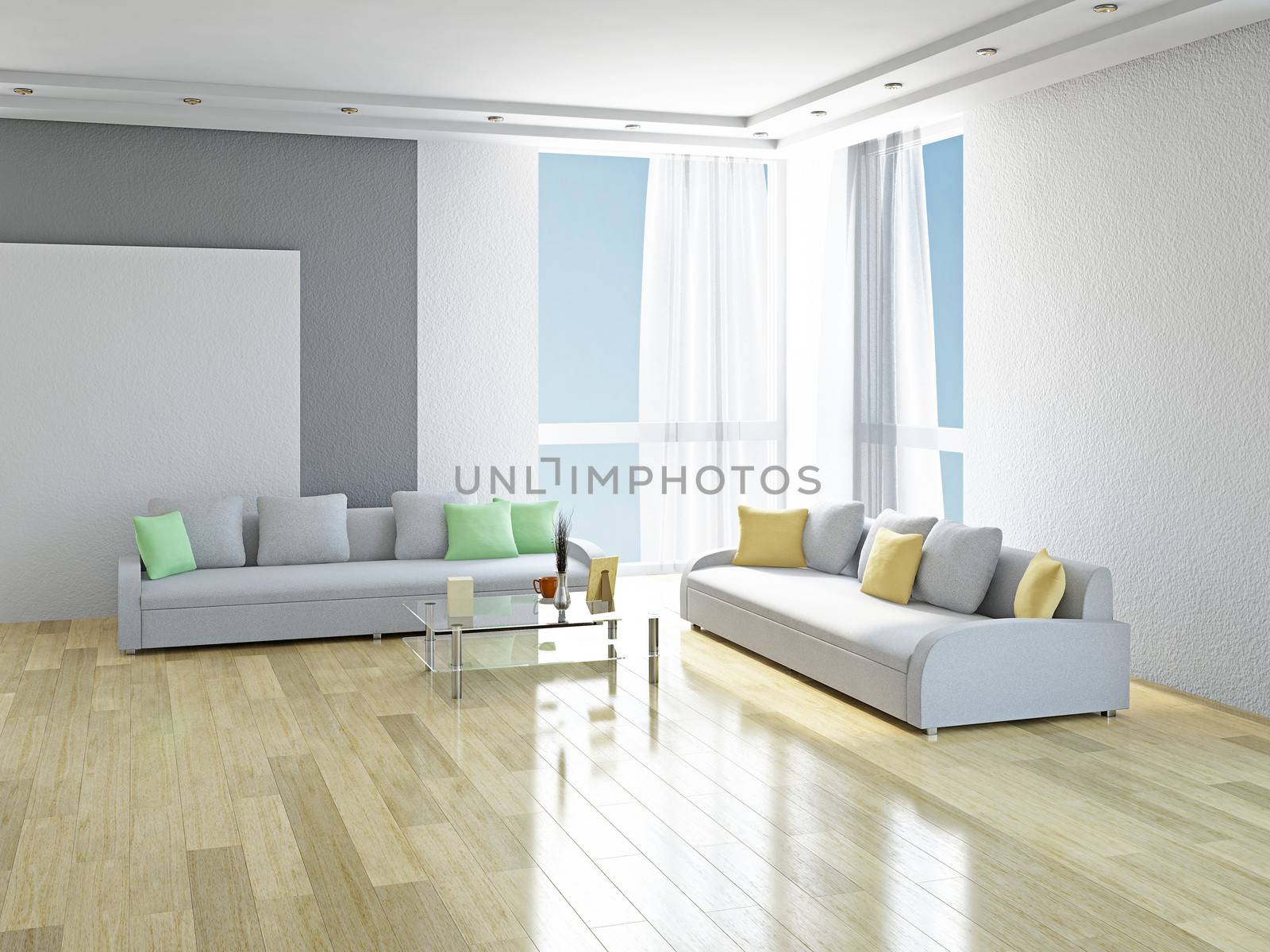 White sofas with green and yellow pillows in the room