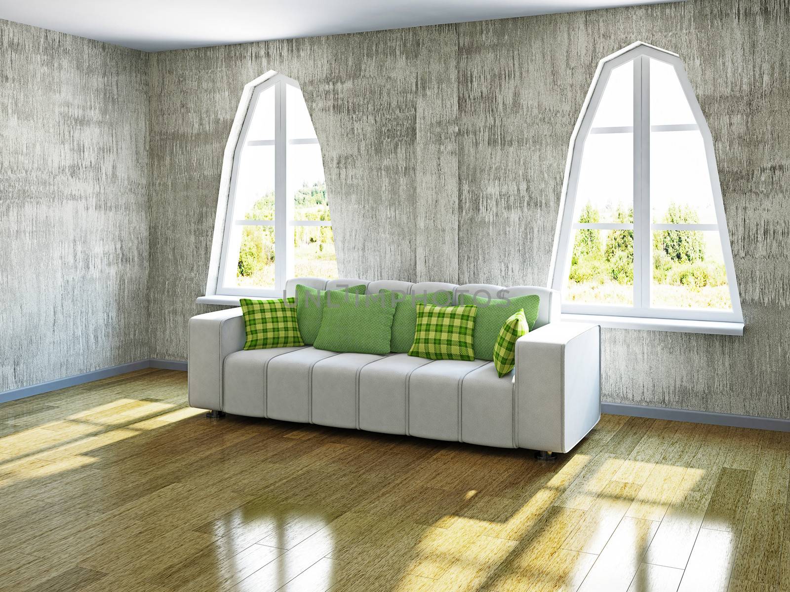 White sofa with pillows near the windows