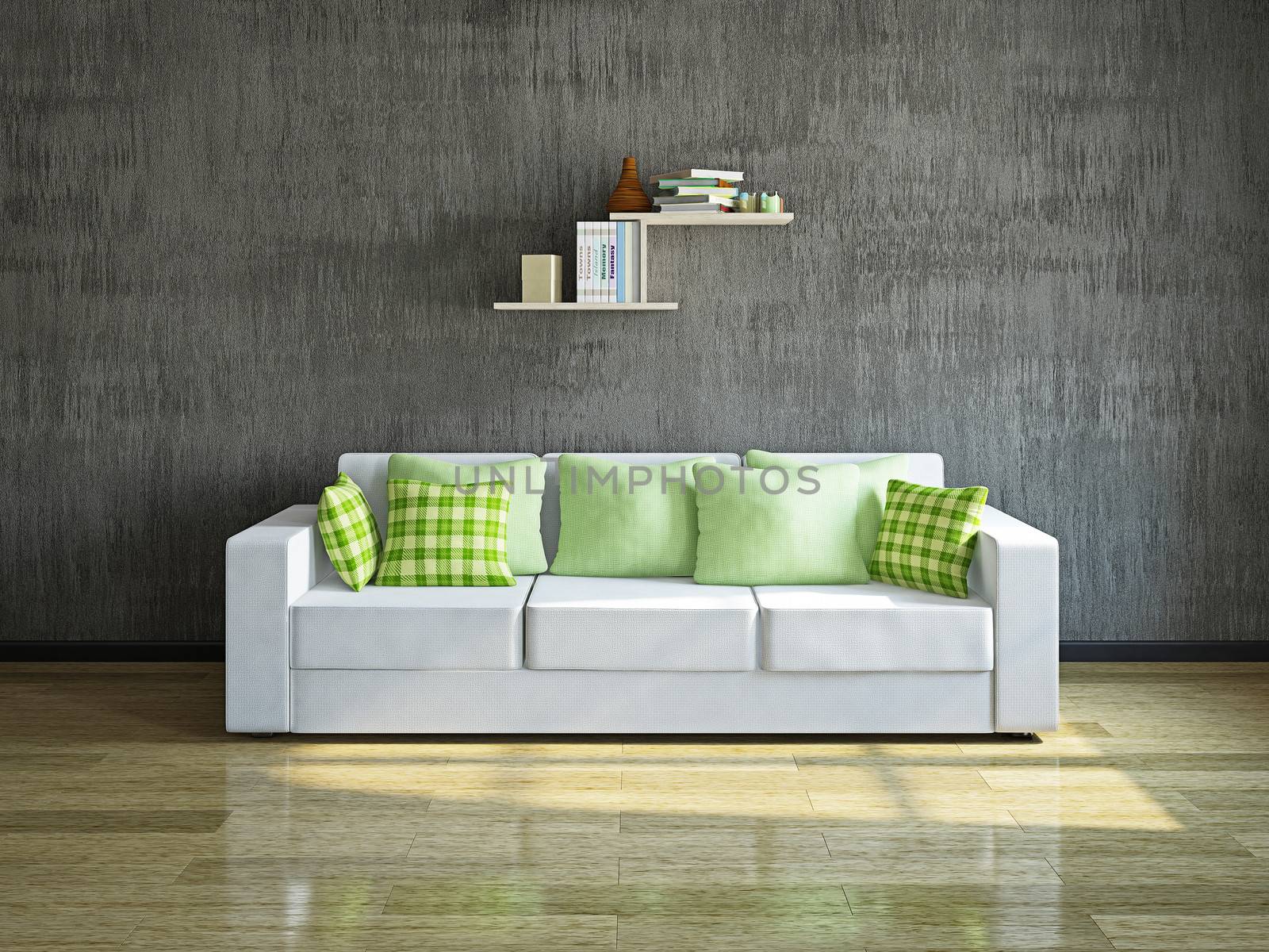 White sofa with pillows near the concrete wall