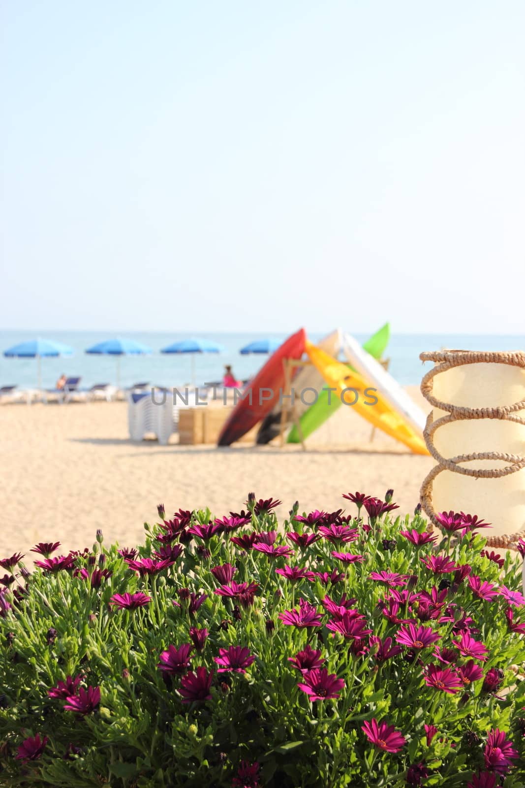 Beach in Spain.  Flowers, bouts and umbrellas