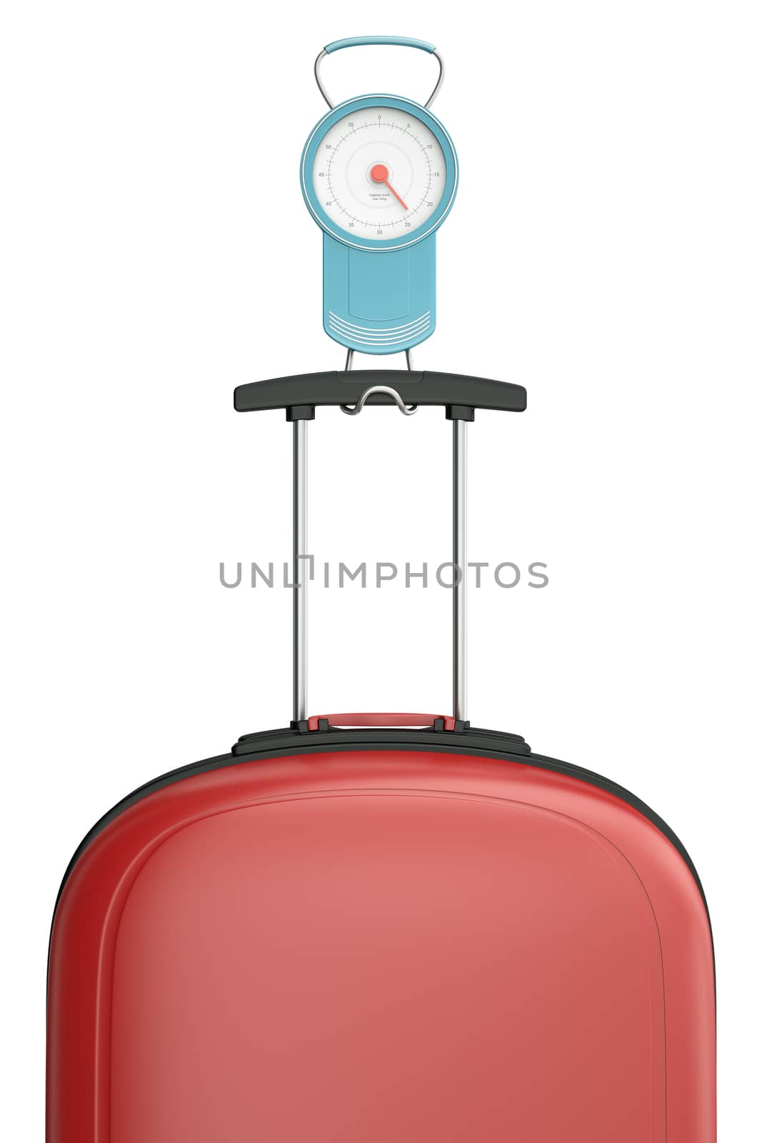 Portable luggage scale with red suitcase isolated on white background. 3D render.
