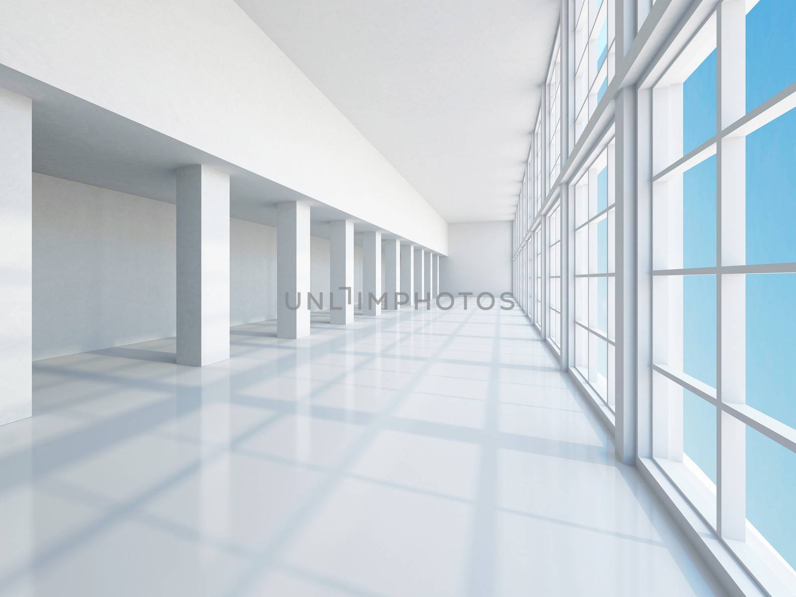 The empty long corridor with large windows