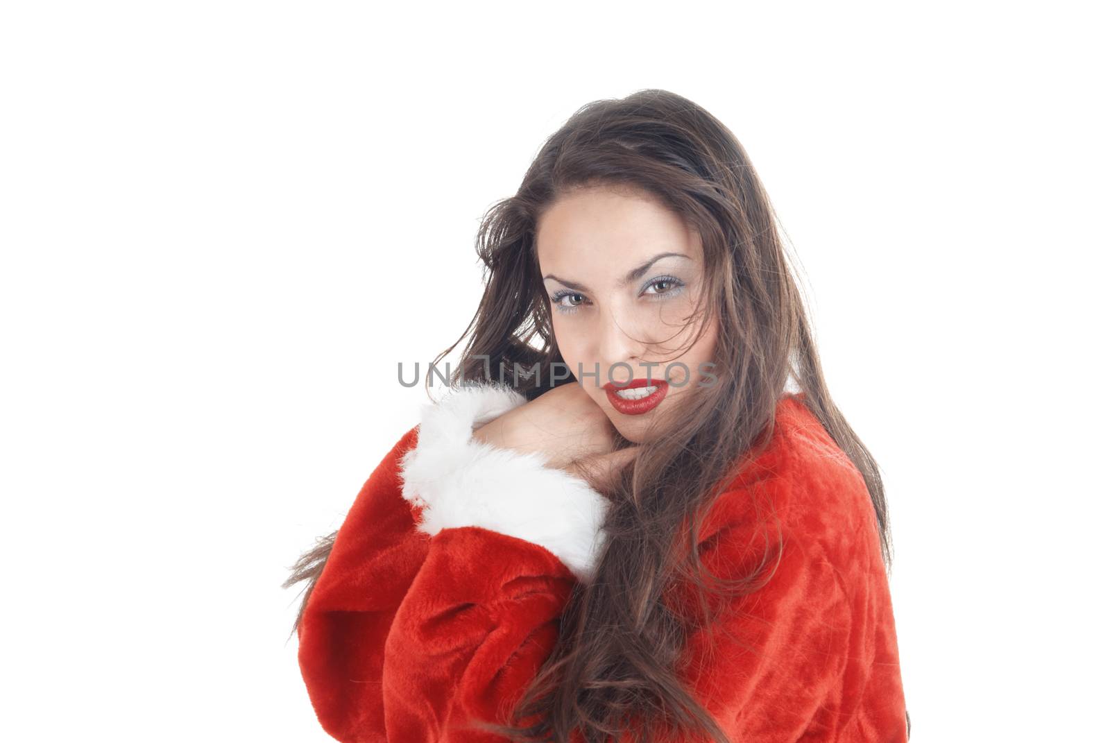 Woman in Santa Claus costume on a white background