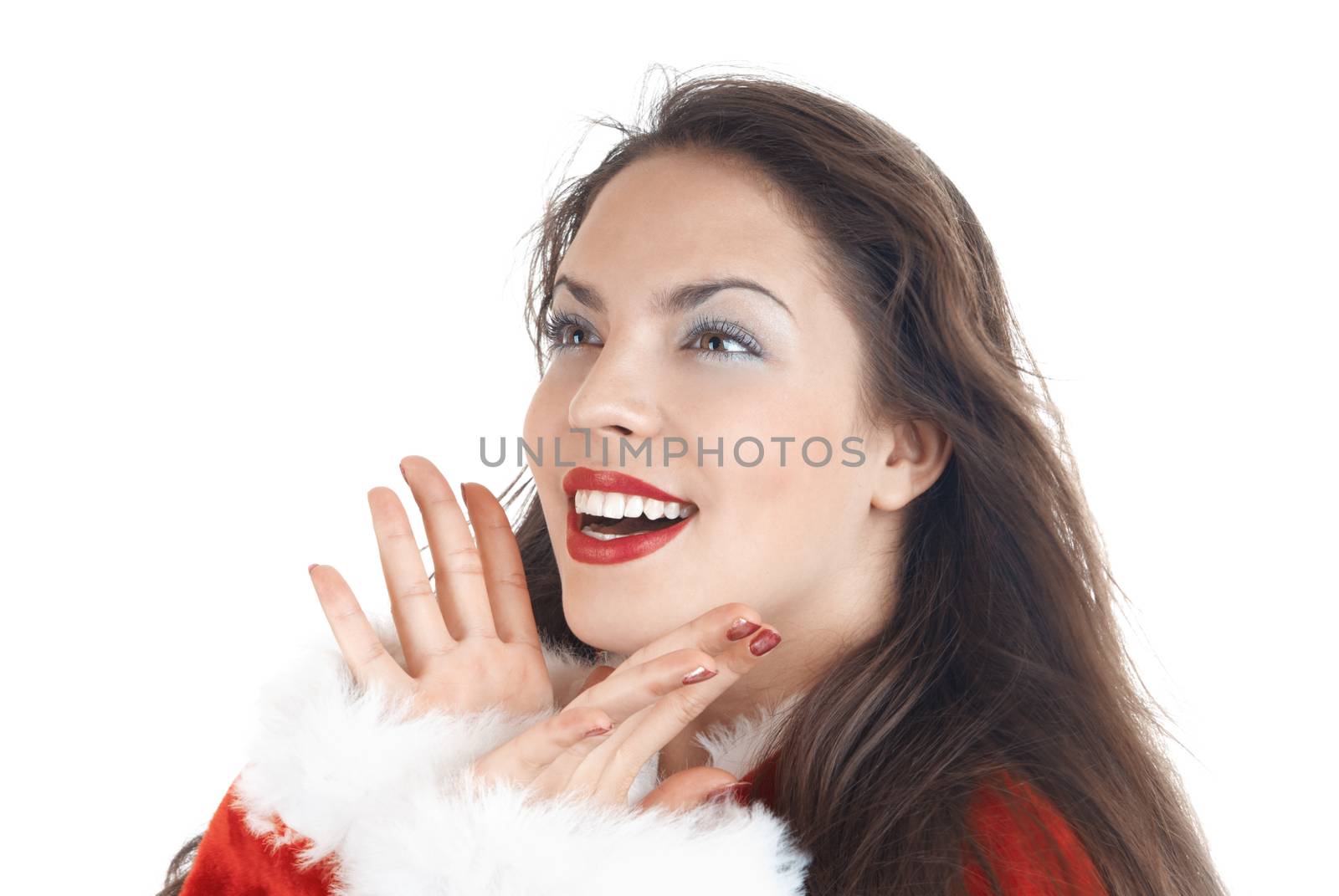 Woman in Santa Claus costume on a white background