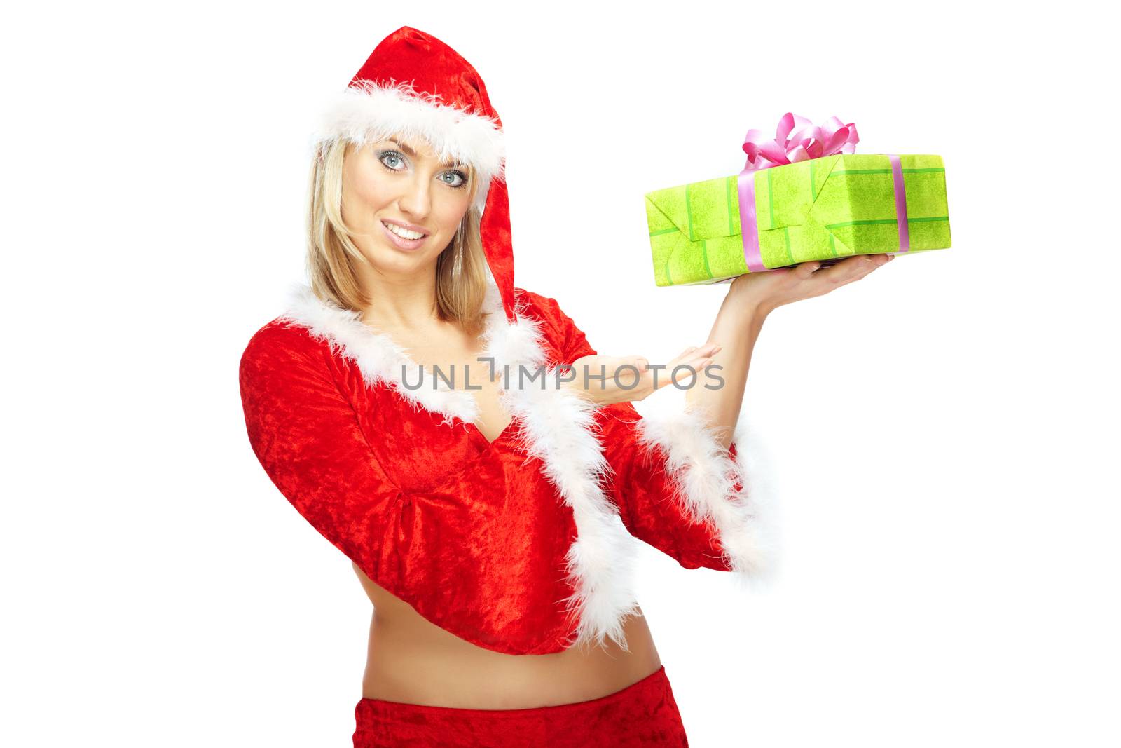 Smiling lady in the red Santa Claus costume holding the Christmas gift box on a white background