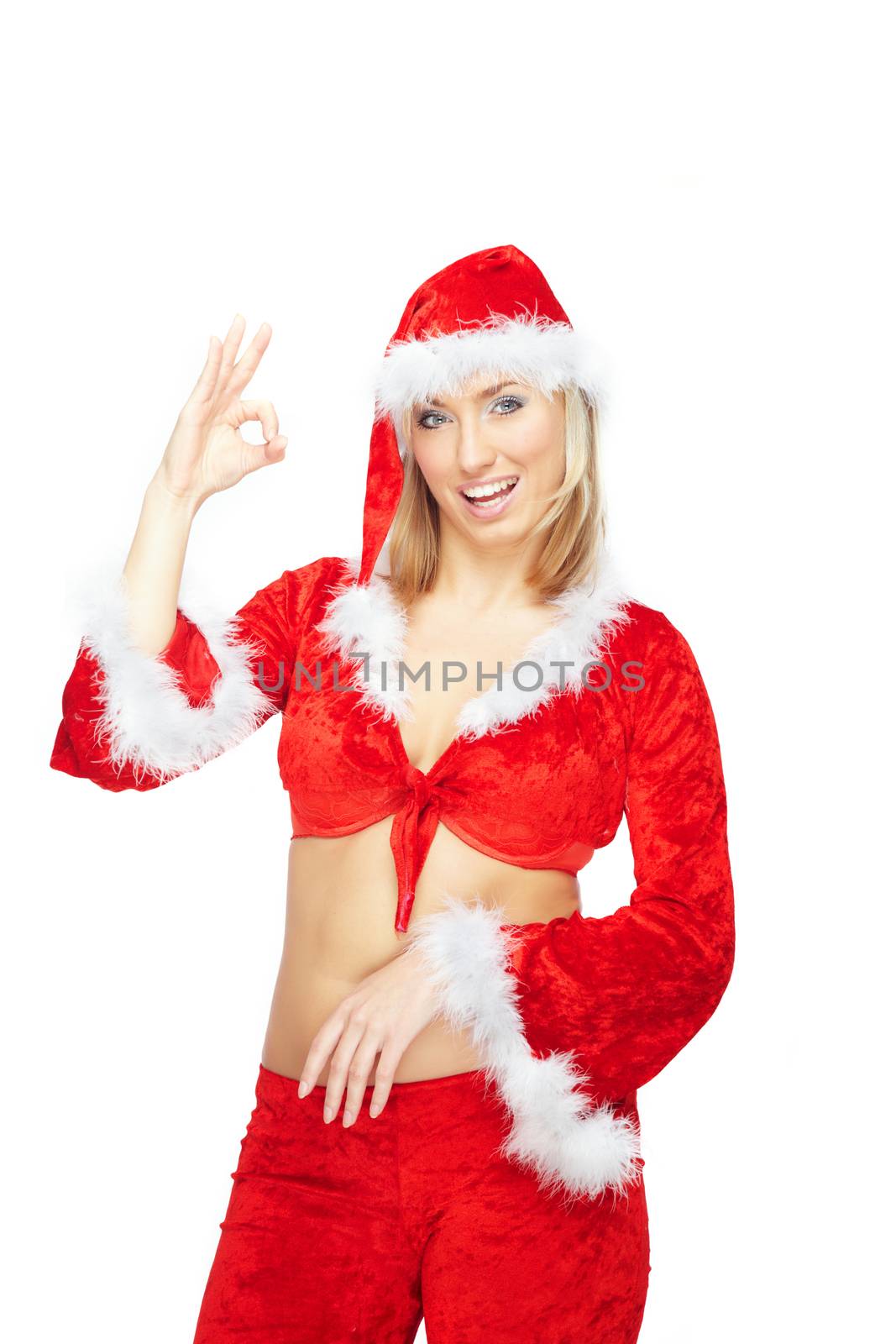Woman in red Santa Claus costume making OK sign