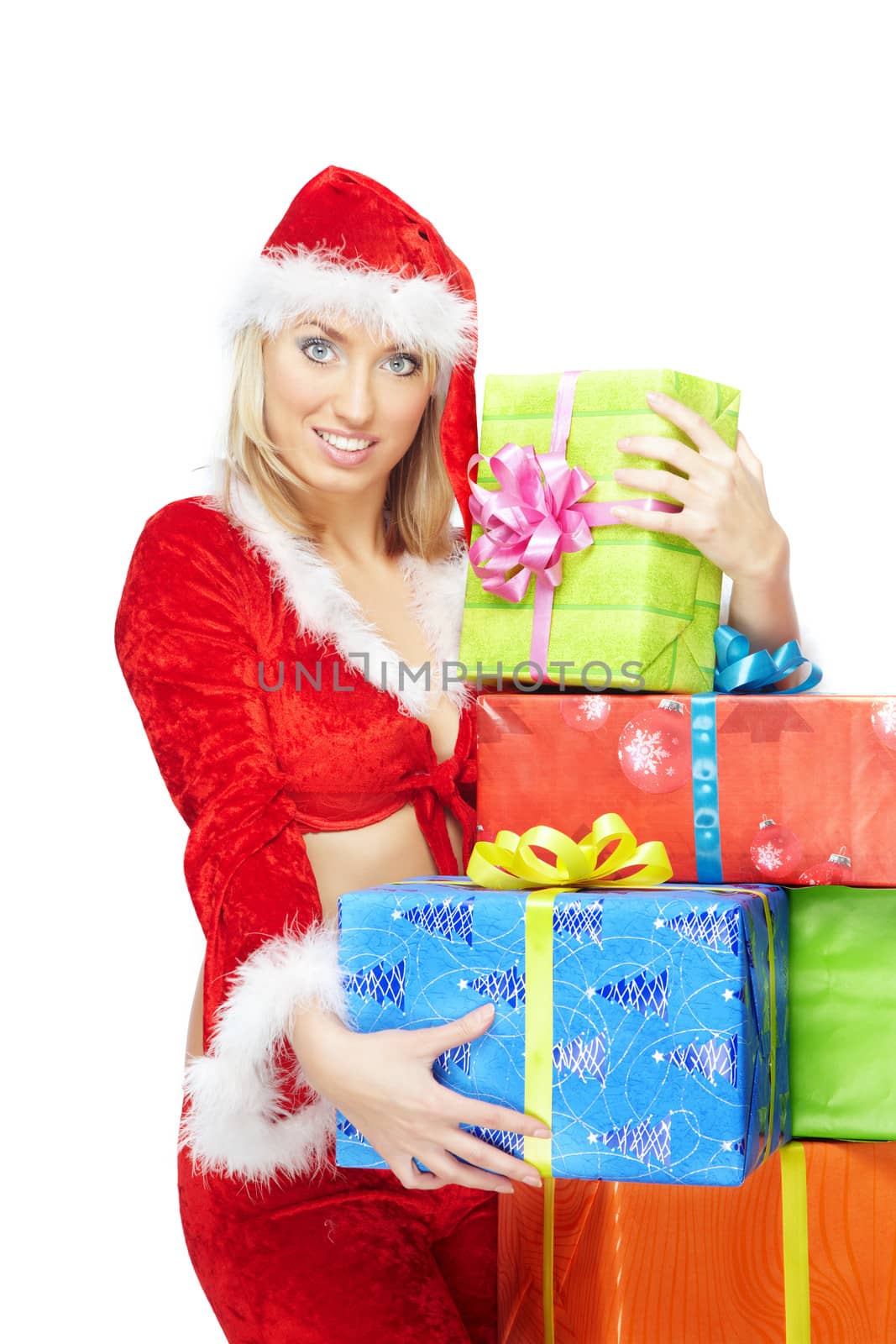 Smiling lady in Santa Claus costume holding the Christmas gifts