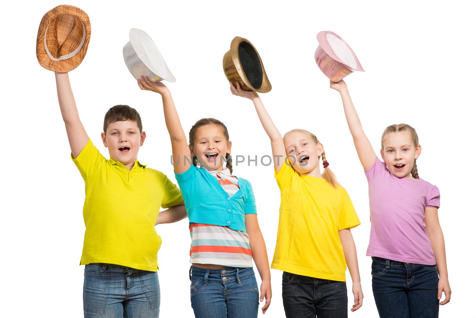 children in a row, wearing a hat by adam121