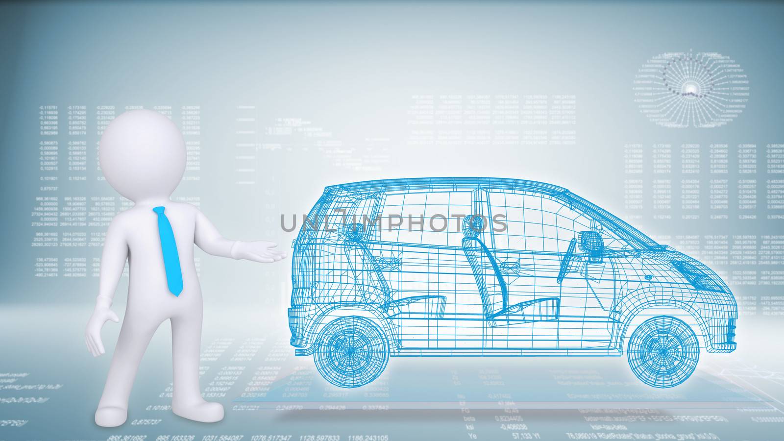 People and hi-tech car on a blue background. The concept of future technologies knowledge based