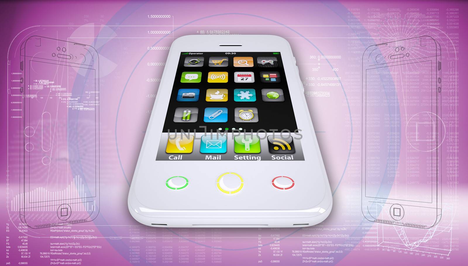 White smartphone on a high-tech pink background. The concept of future technology