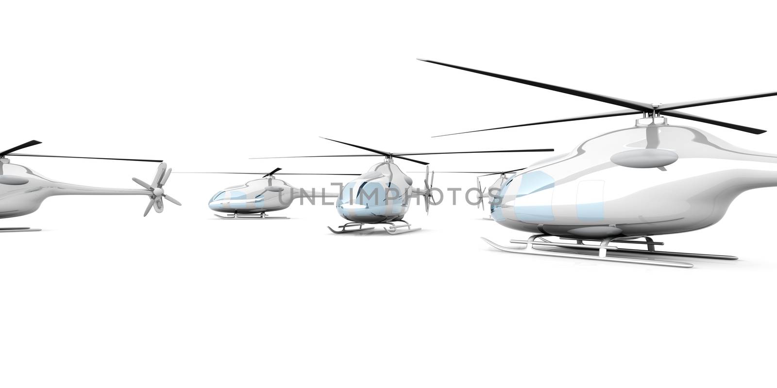 A group of Helicopters. 3D rendered Illustration. Isolated on white.