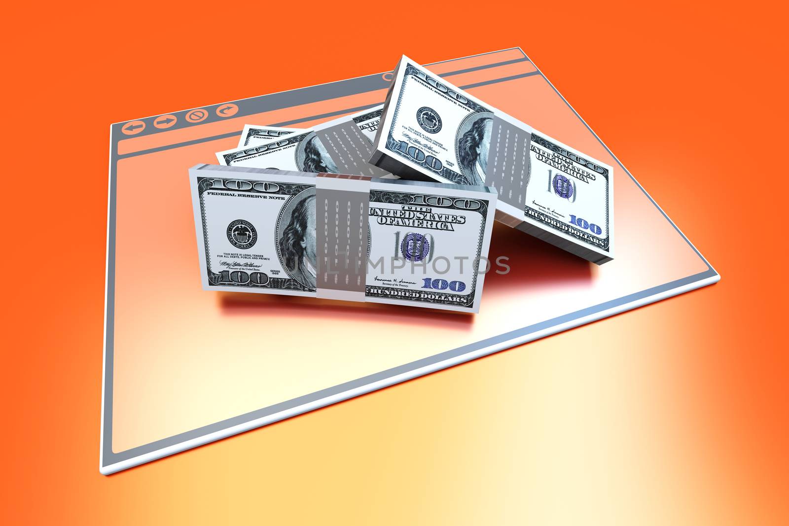 Dollars in a Browser window. 3D rendered illustration.