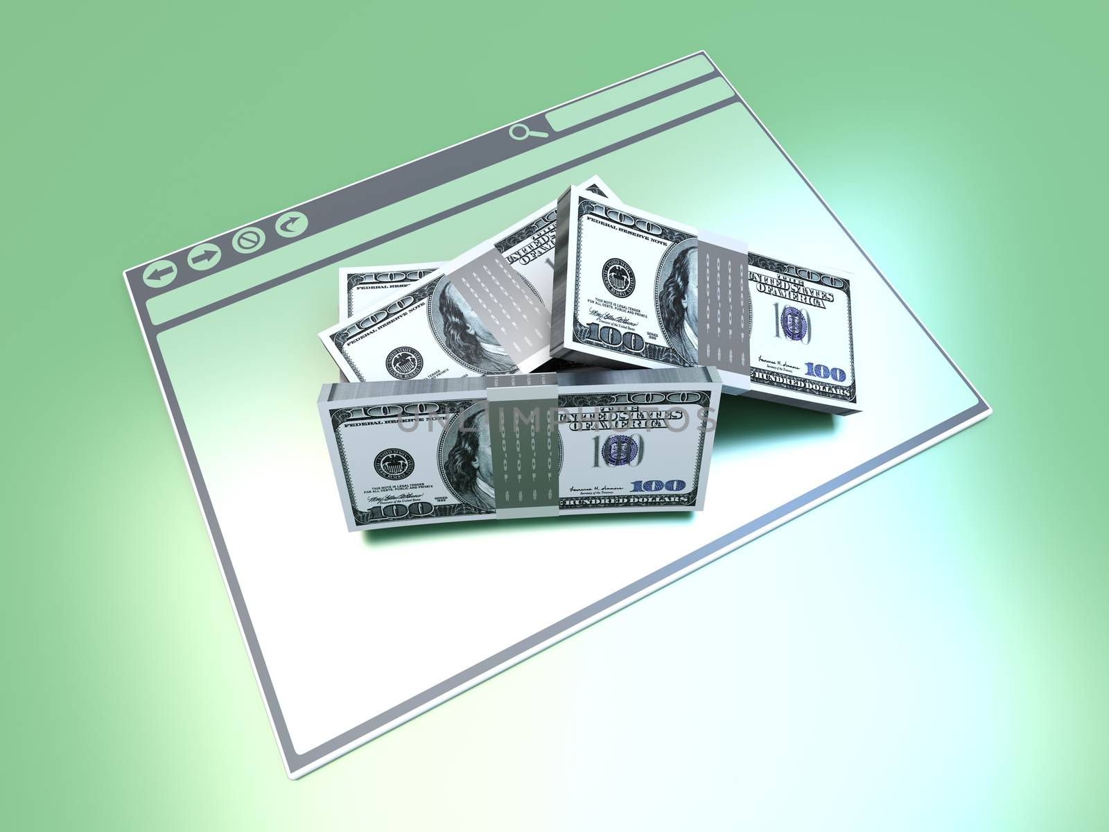 Dollars in a Browser window. 3D rendered illustration.