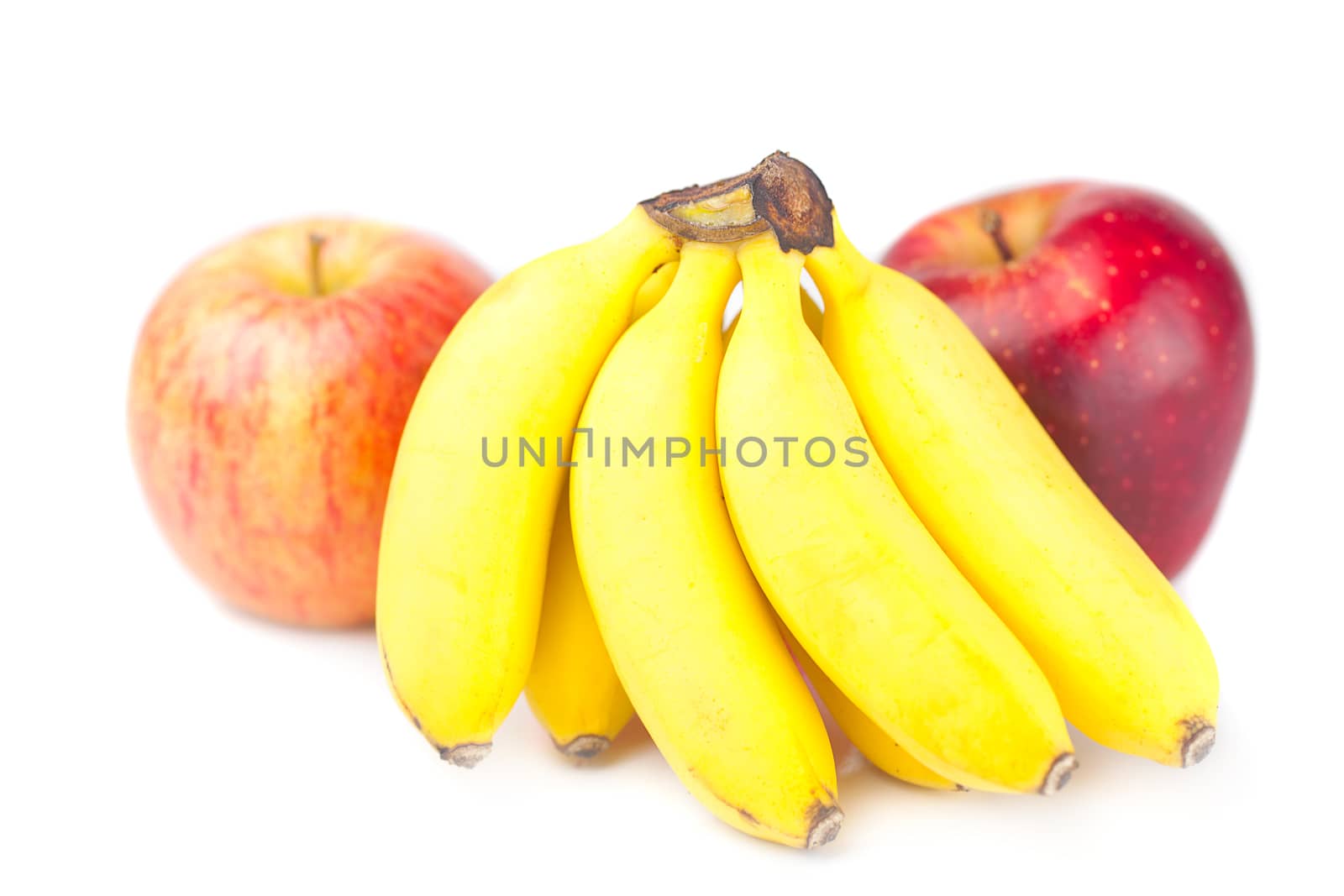 two red apple and bananas isolated on white