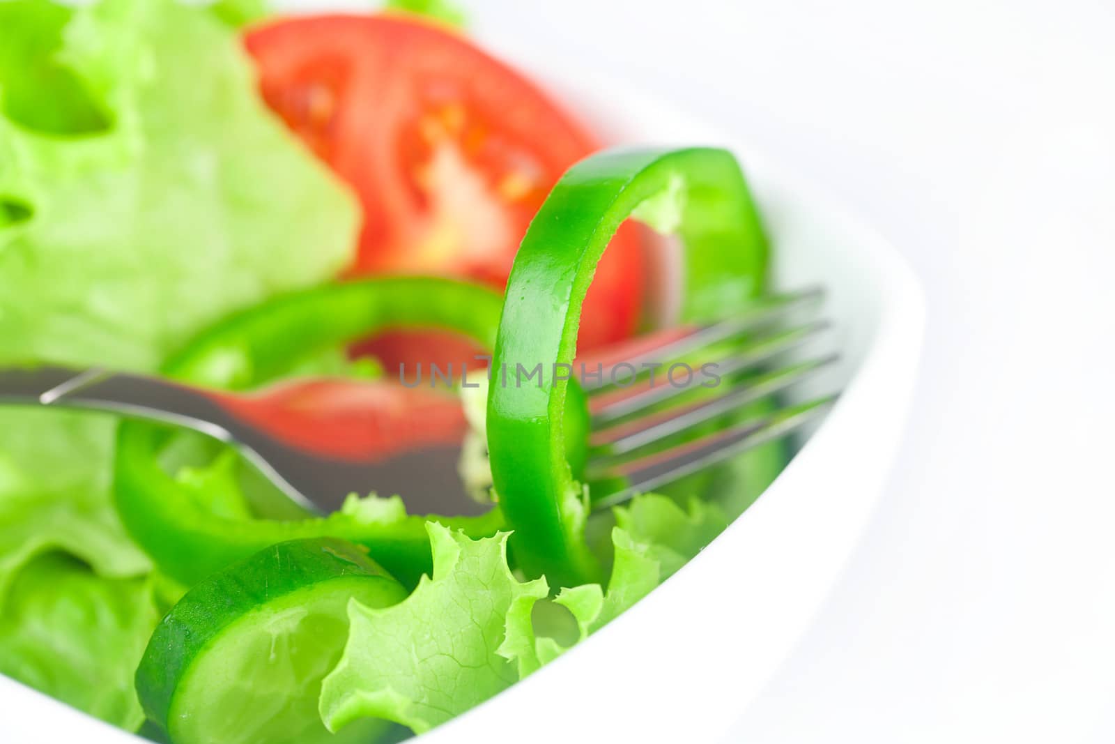 fork,lettuce, tomato, cucumber and pepper in a bowl isolated on  by jannyjus