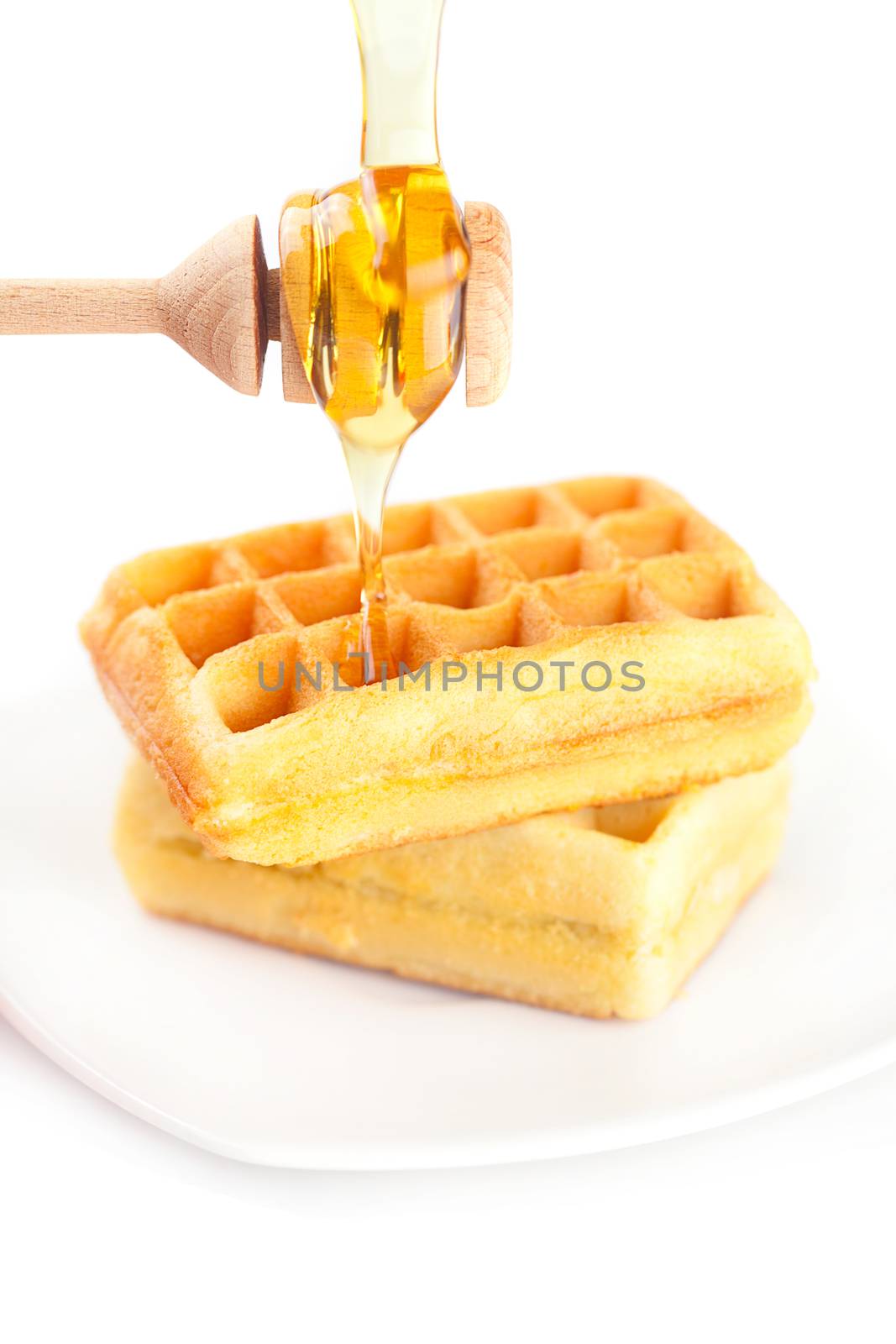 Belgian waffles on a plate, stick for honey and honey isolated on white