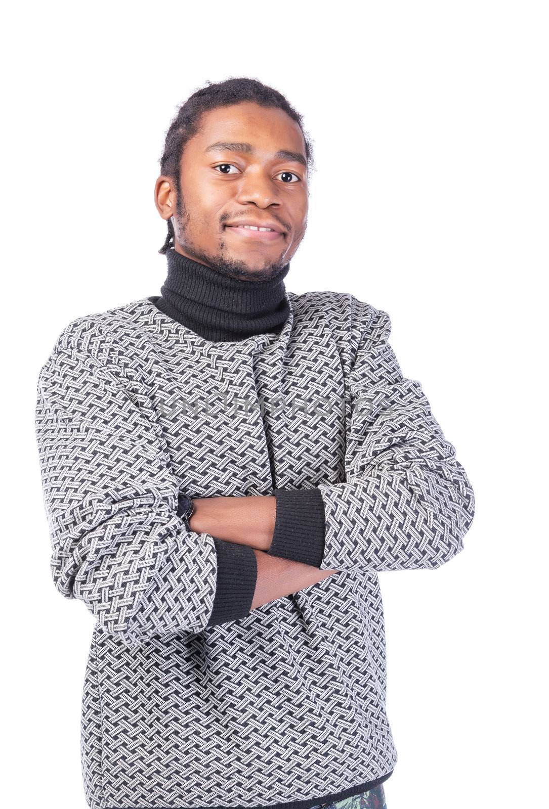 Portrait of a smiling handsome African-American on a white background