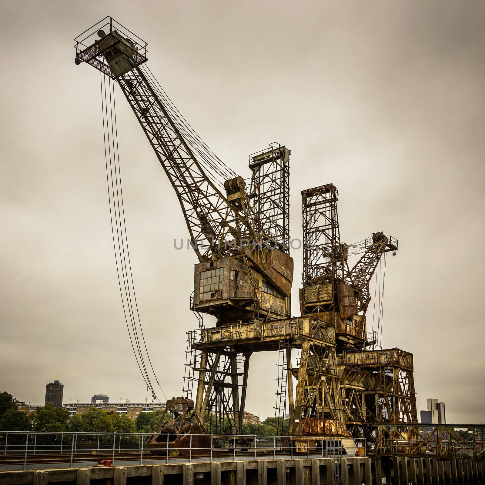 Rusty cranes at Battersea power station in London, UK