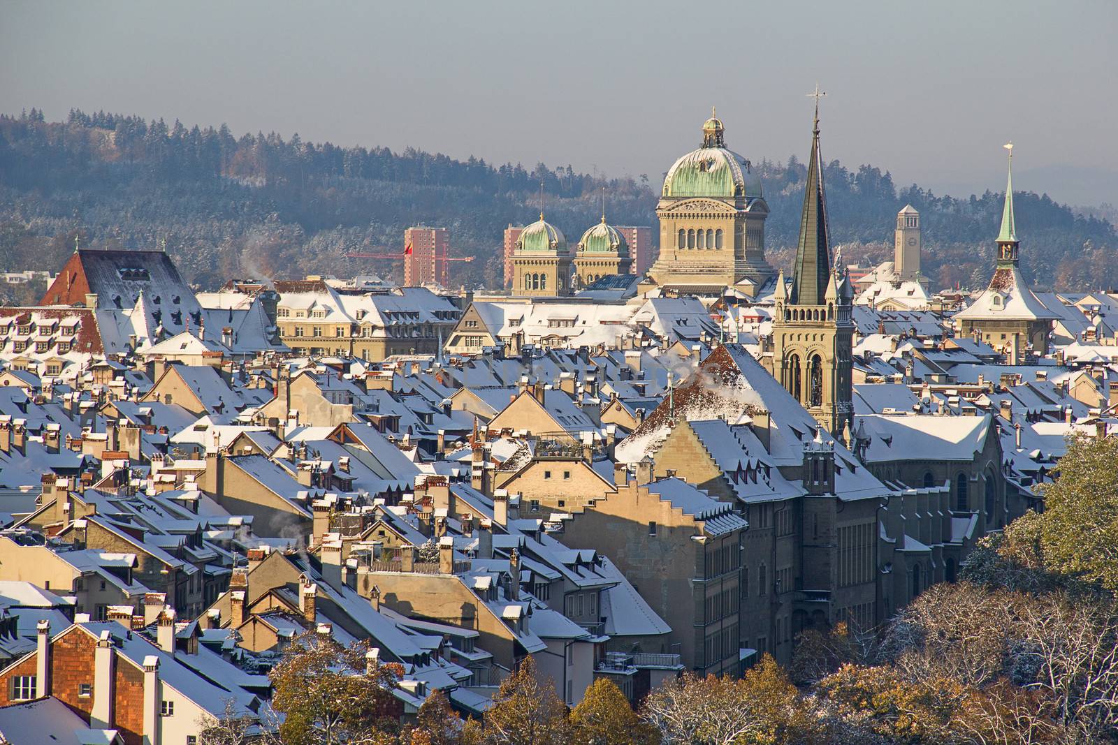 Bern city covered with fresh snow
