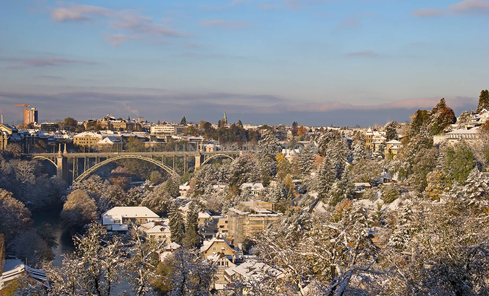 Bern city covered with fresh snow