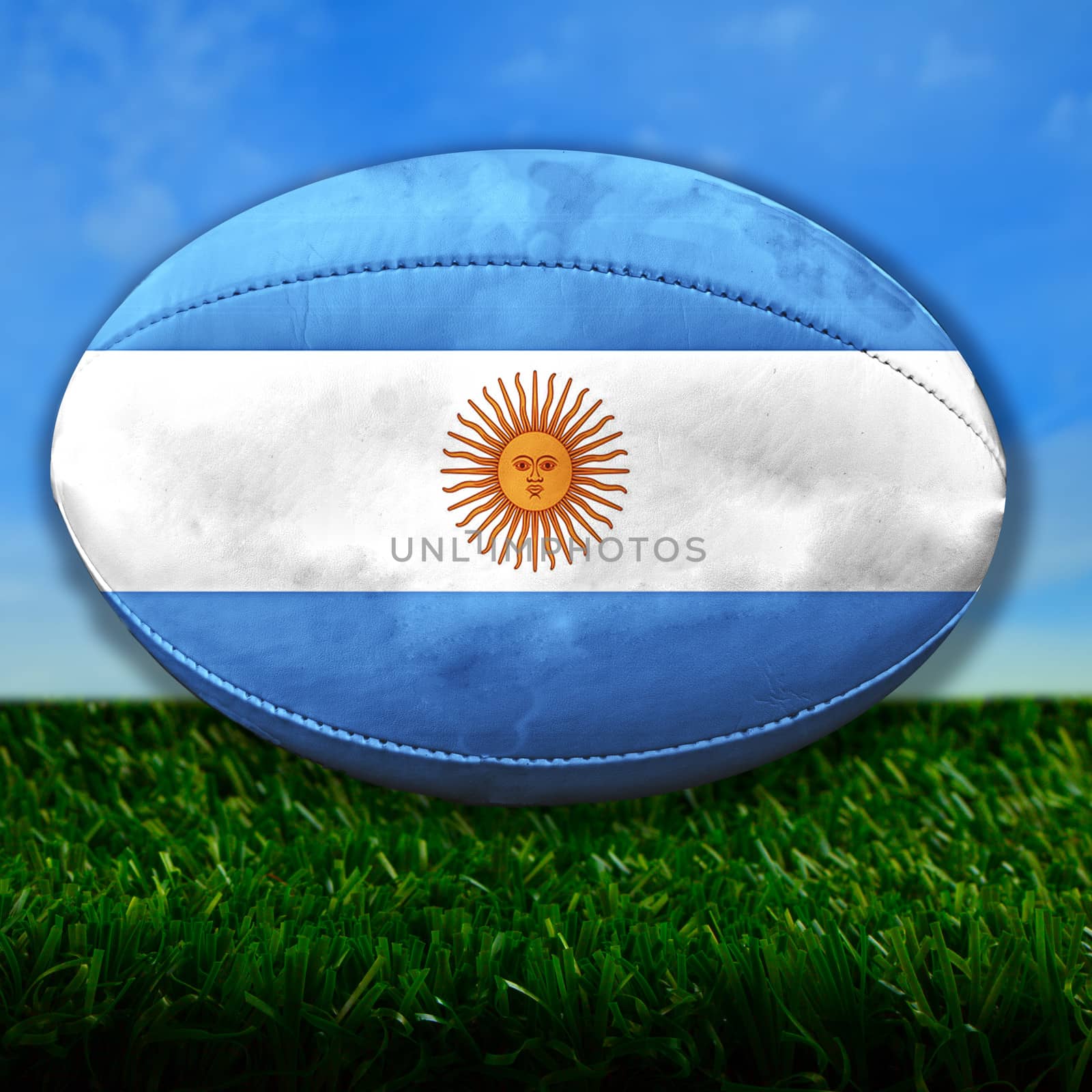 Rugby ball with Argentina flag over grass