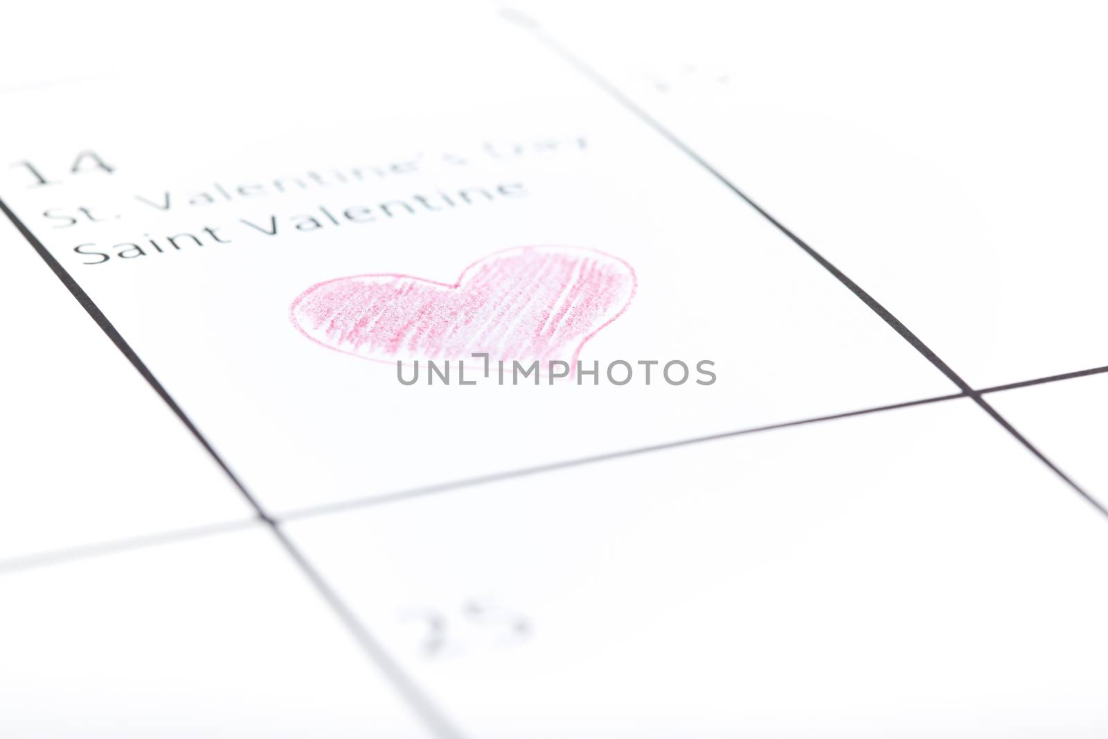 Heart symbol on calendar. Horizontal close-up photo