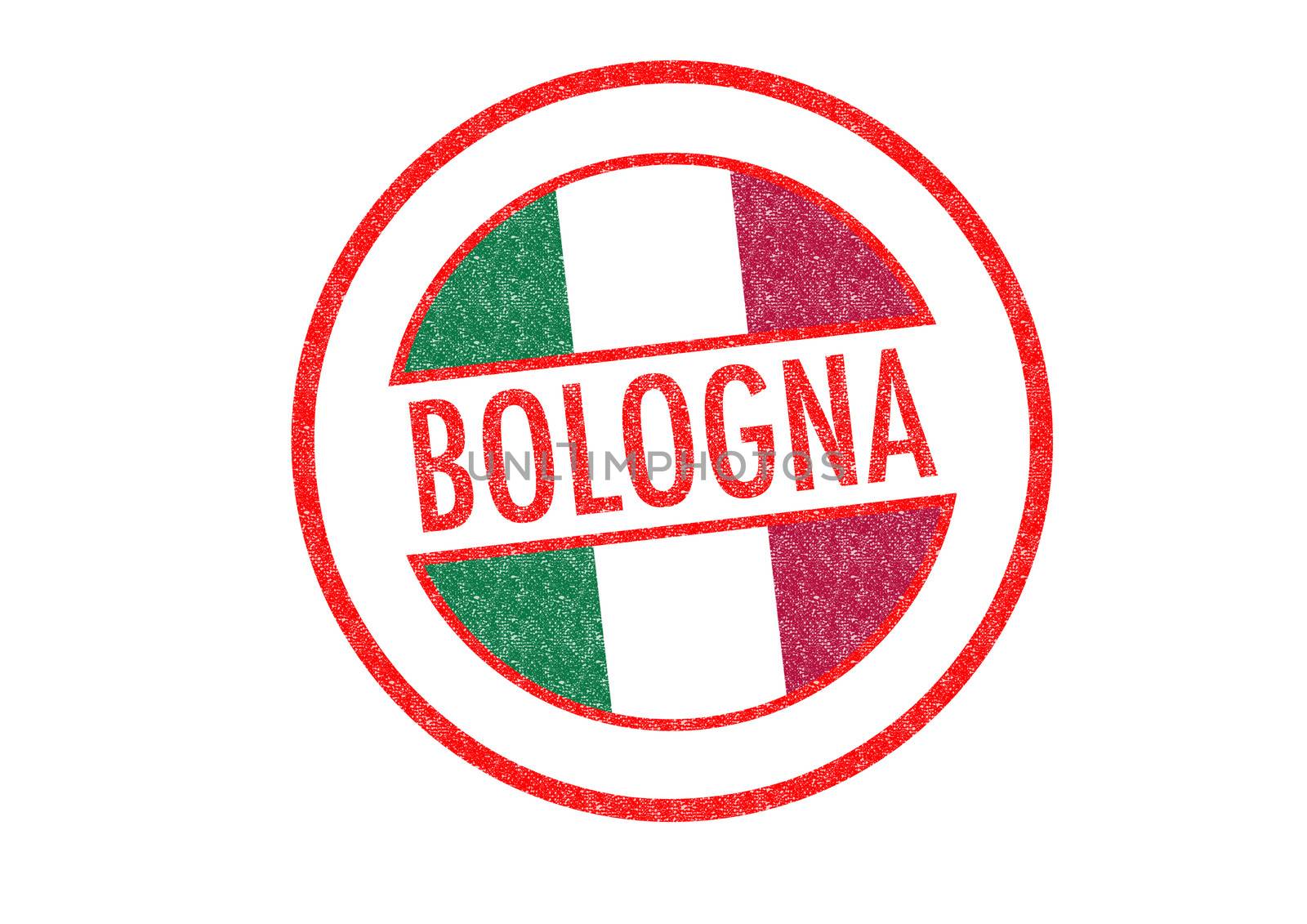 Passport-style BOLOGNA rubber stamp over a white background.