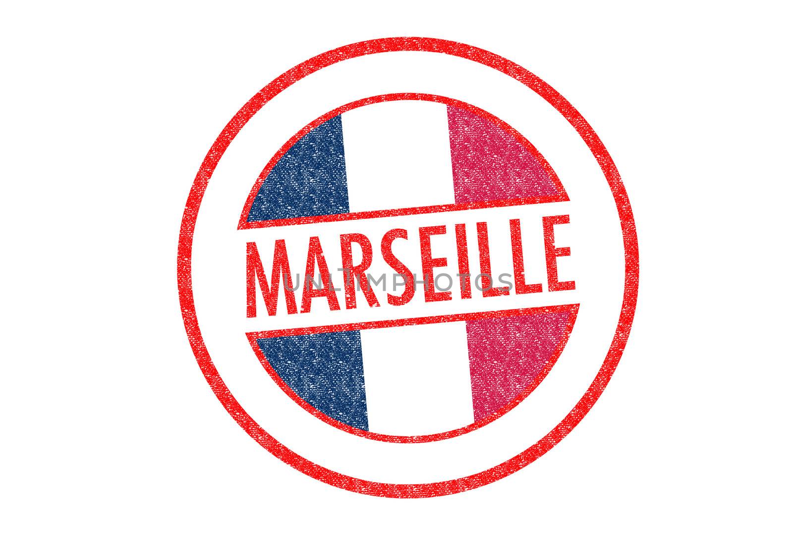 Passport-style MARSEILLE rubber stamp over a white background.