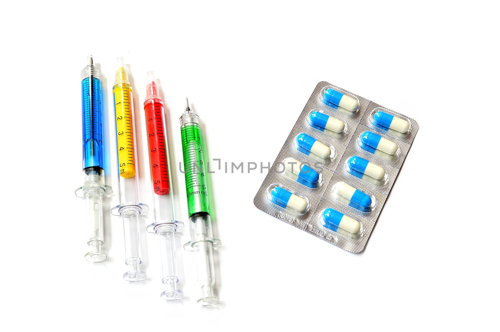 medical syringes with medicine capsule isolate on white background