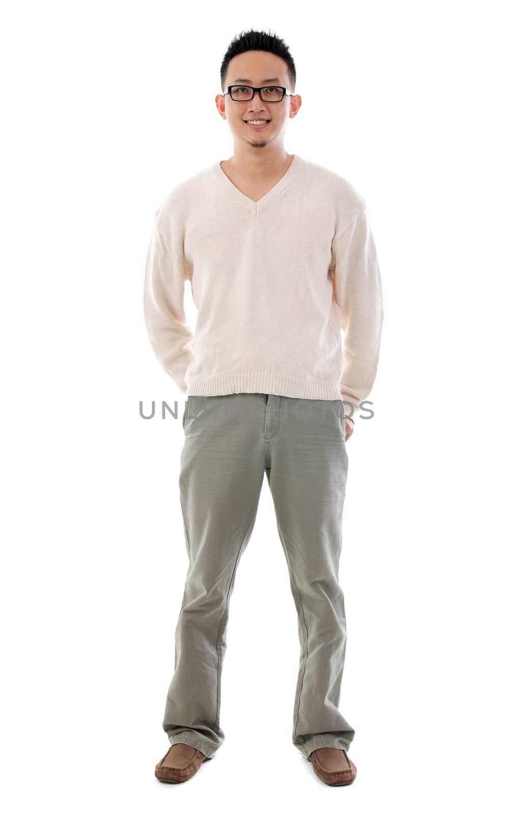 Southeast Asian Chinese man. Front view full length of Asian male isolated on white background.
