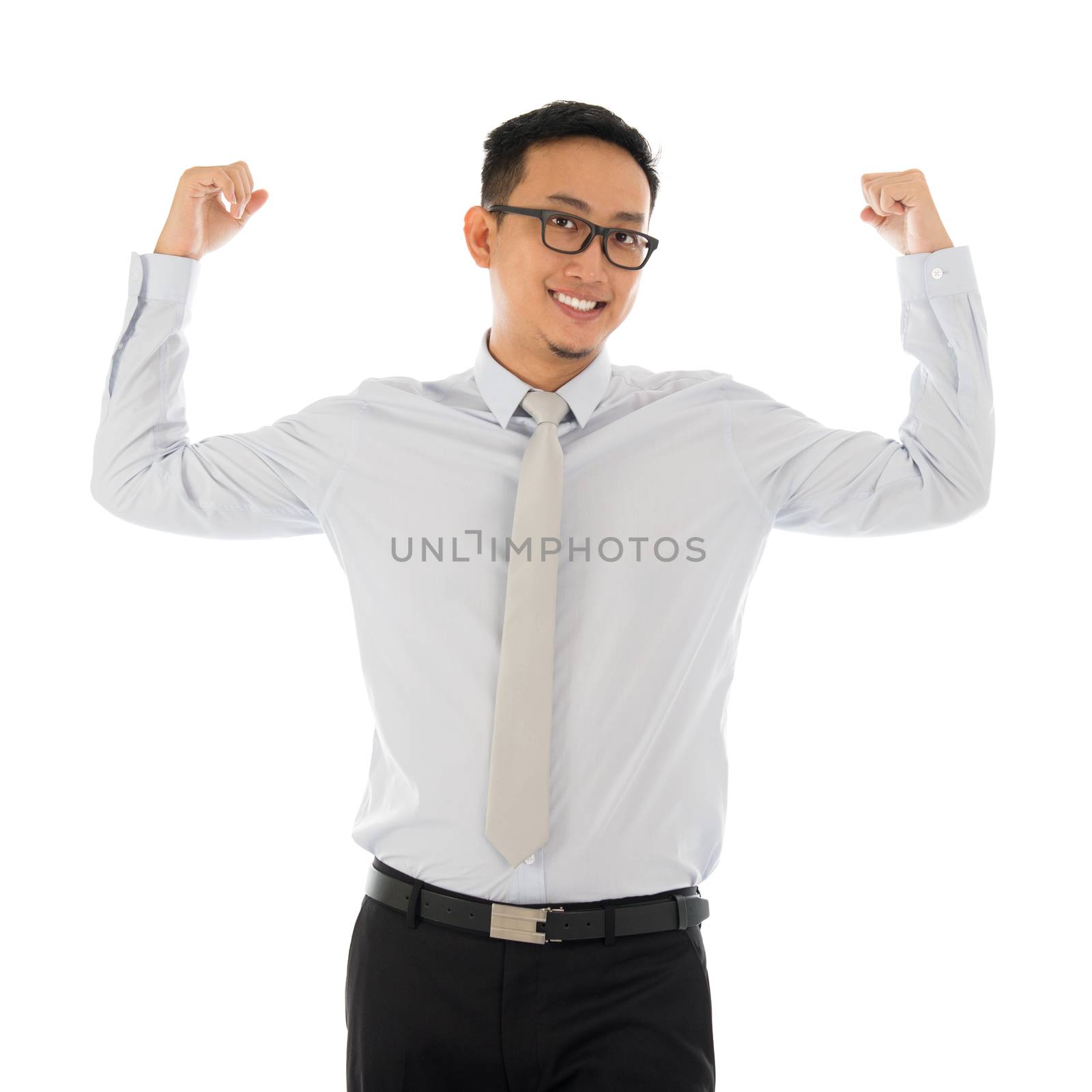 Portrait of strong muscle Asian businessman smiling isolated on white background. Asian male model.