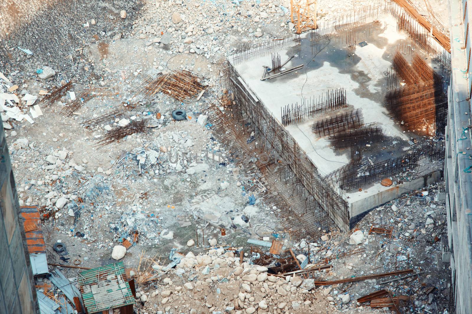 Construction site with rubbish. Top view