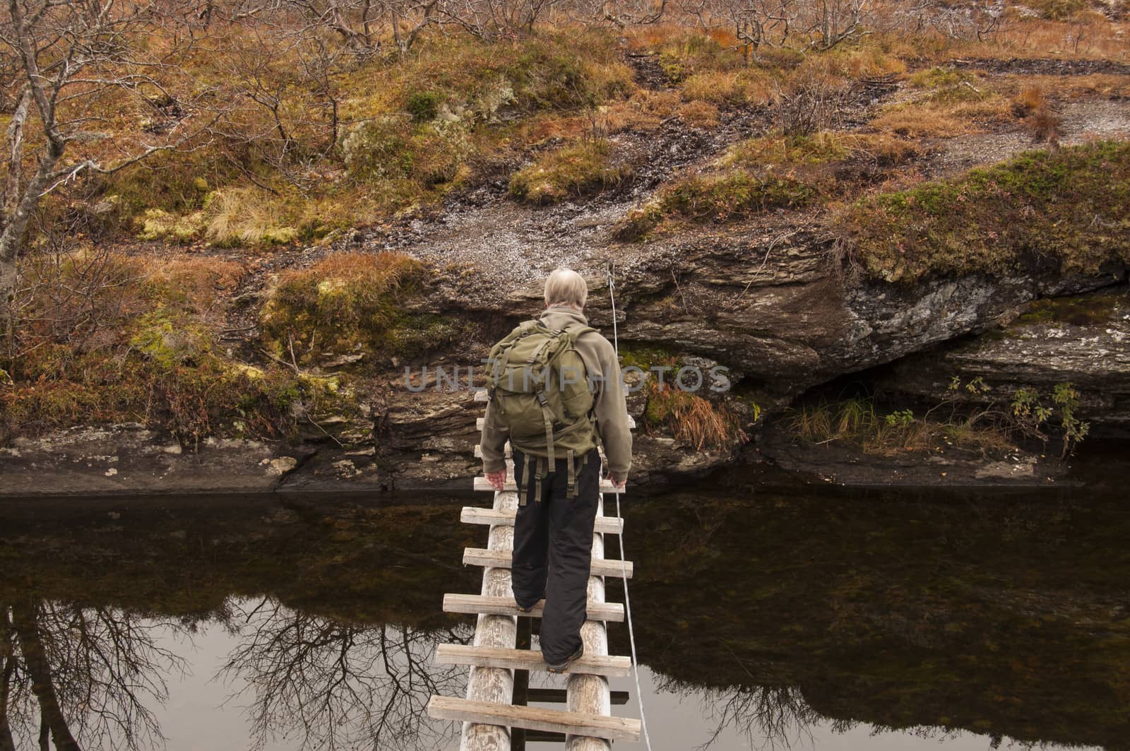 A man crossing a dangerous bridge of logs