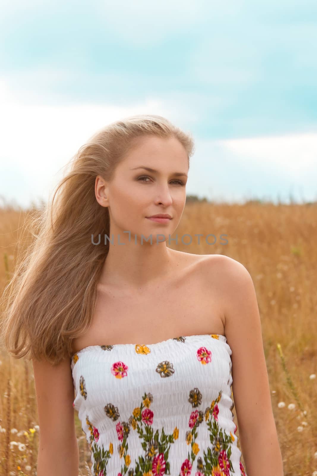 Portrait of beautiful young woman with flowers in the field