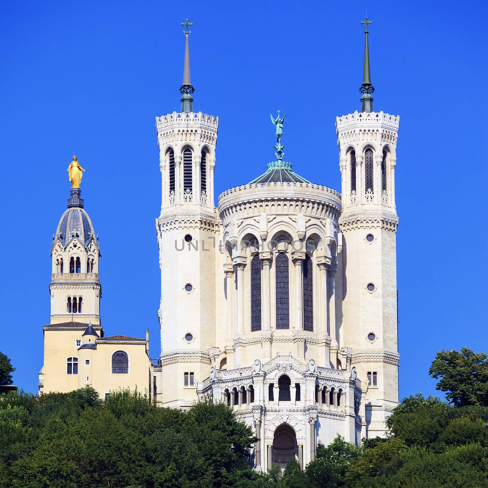 View of famous Basilica of Notre Dame de Fourviere, Lyon, France