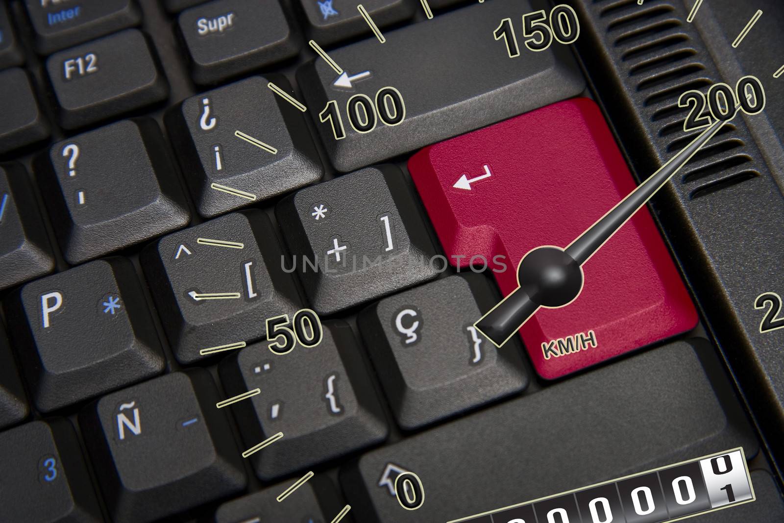 Black keyboard with red key and speedometer by BancoFotos