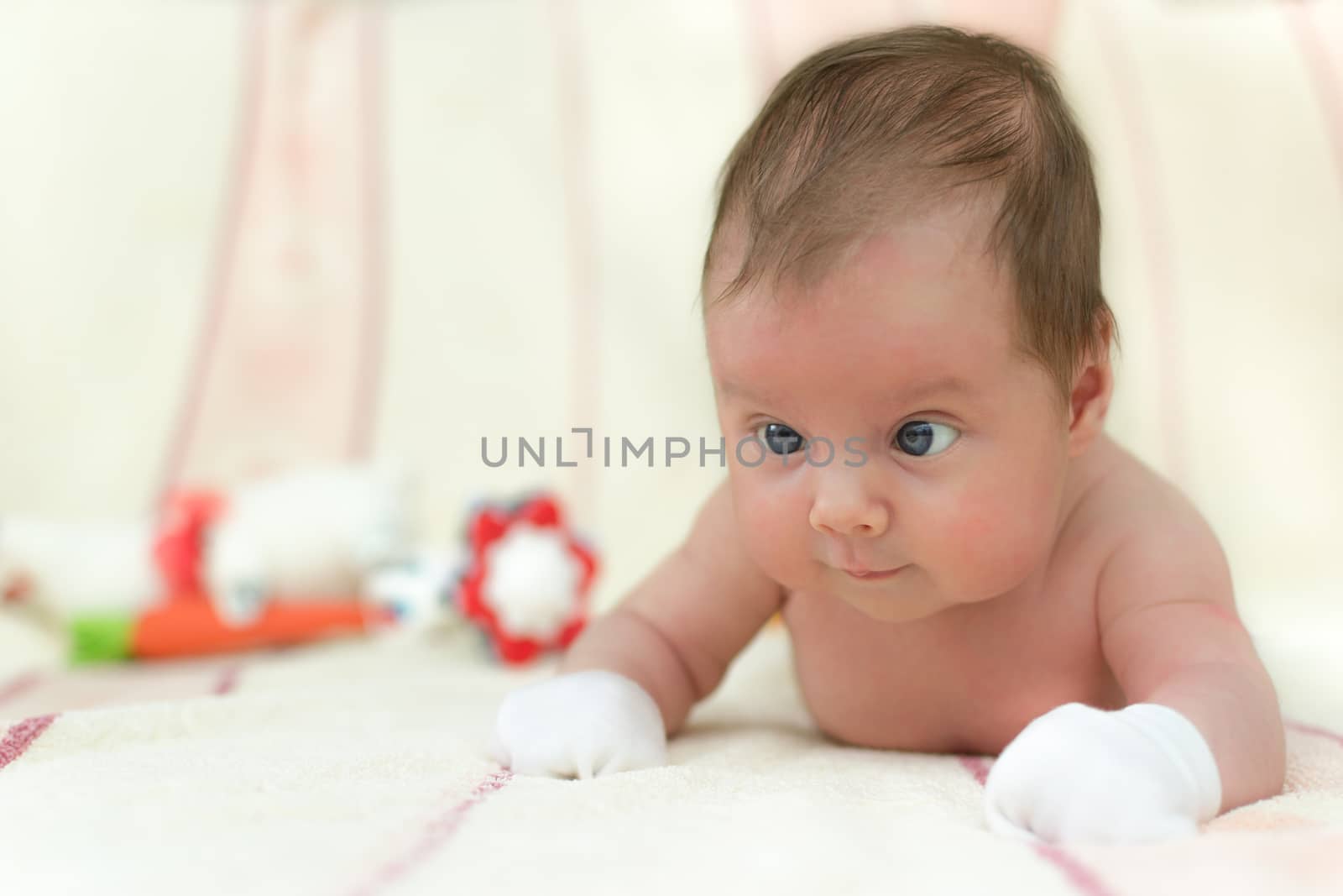 Infant baby (1 month old) lying on tummy. Shallow depth of field