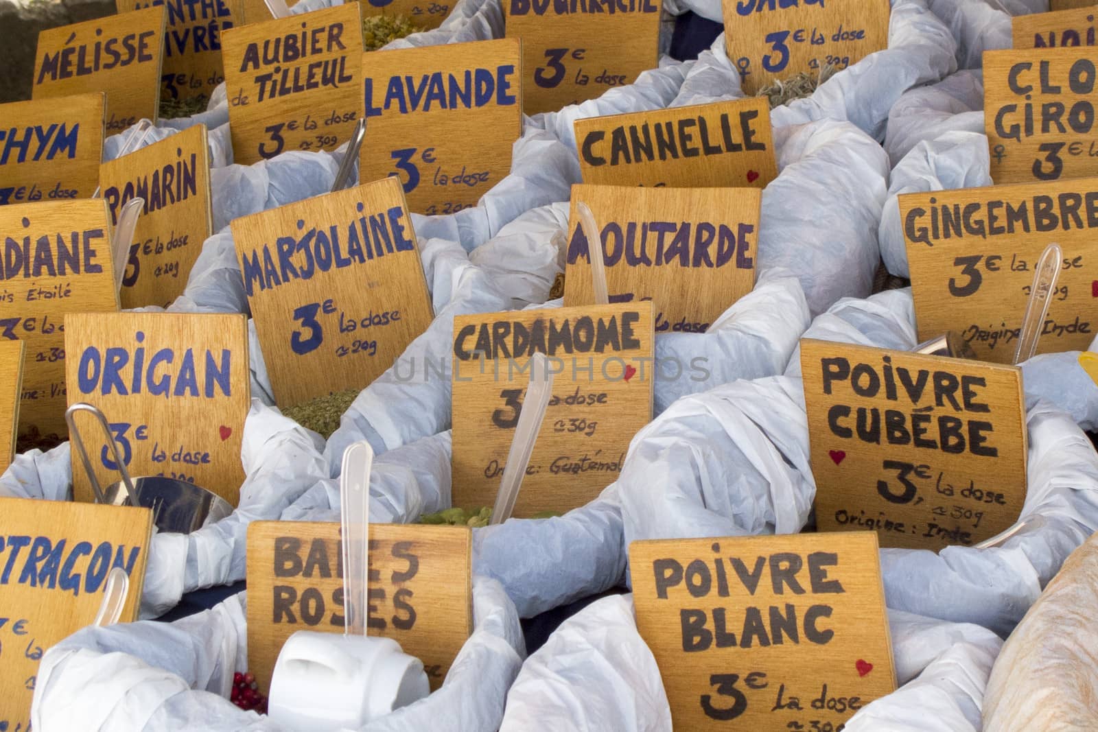 Herbs like origanum, marjoram and lavender on a market in France