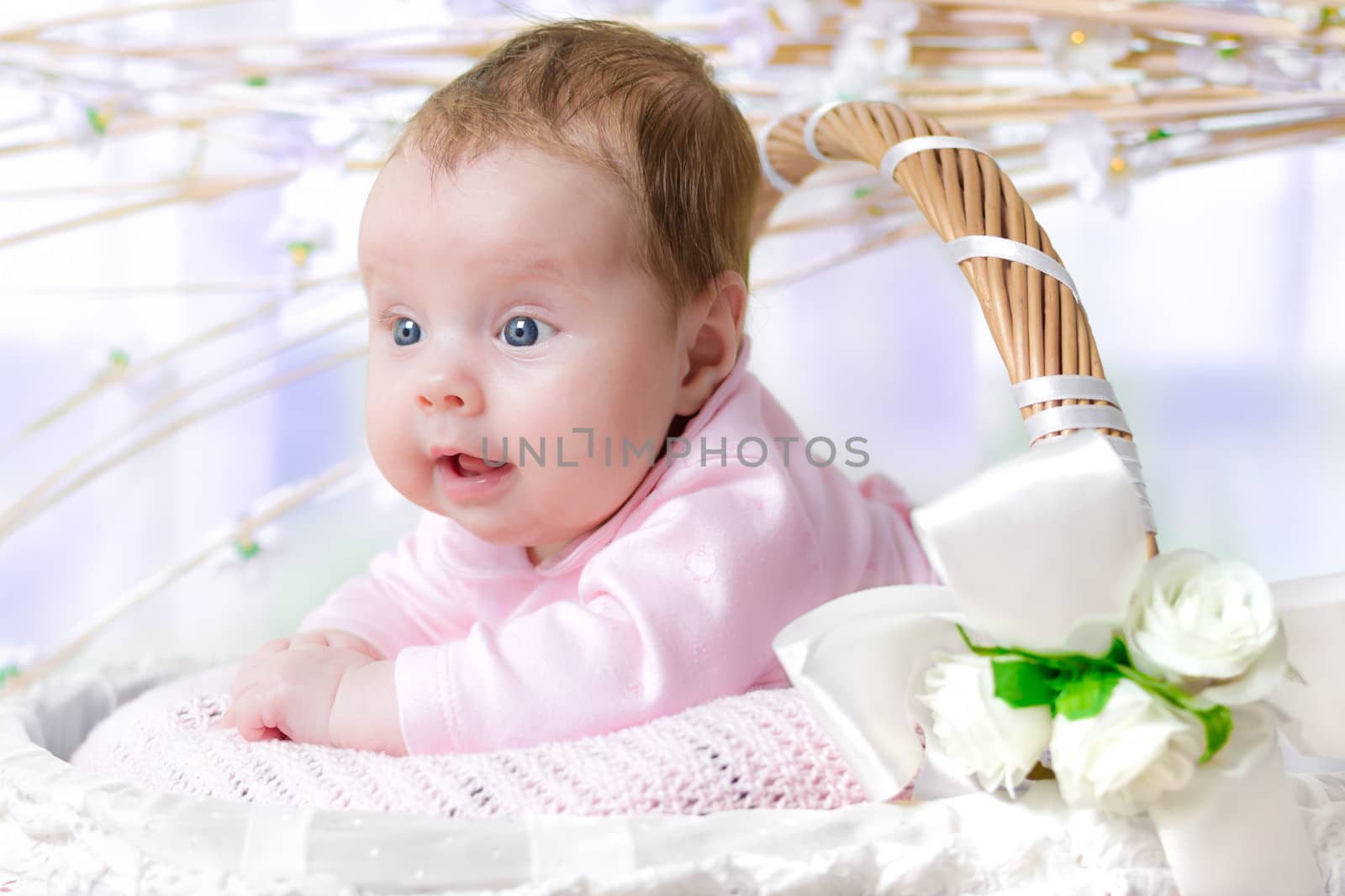 3 months old happy baby girl in a decorated wicker basket