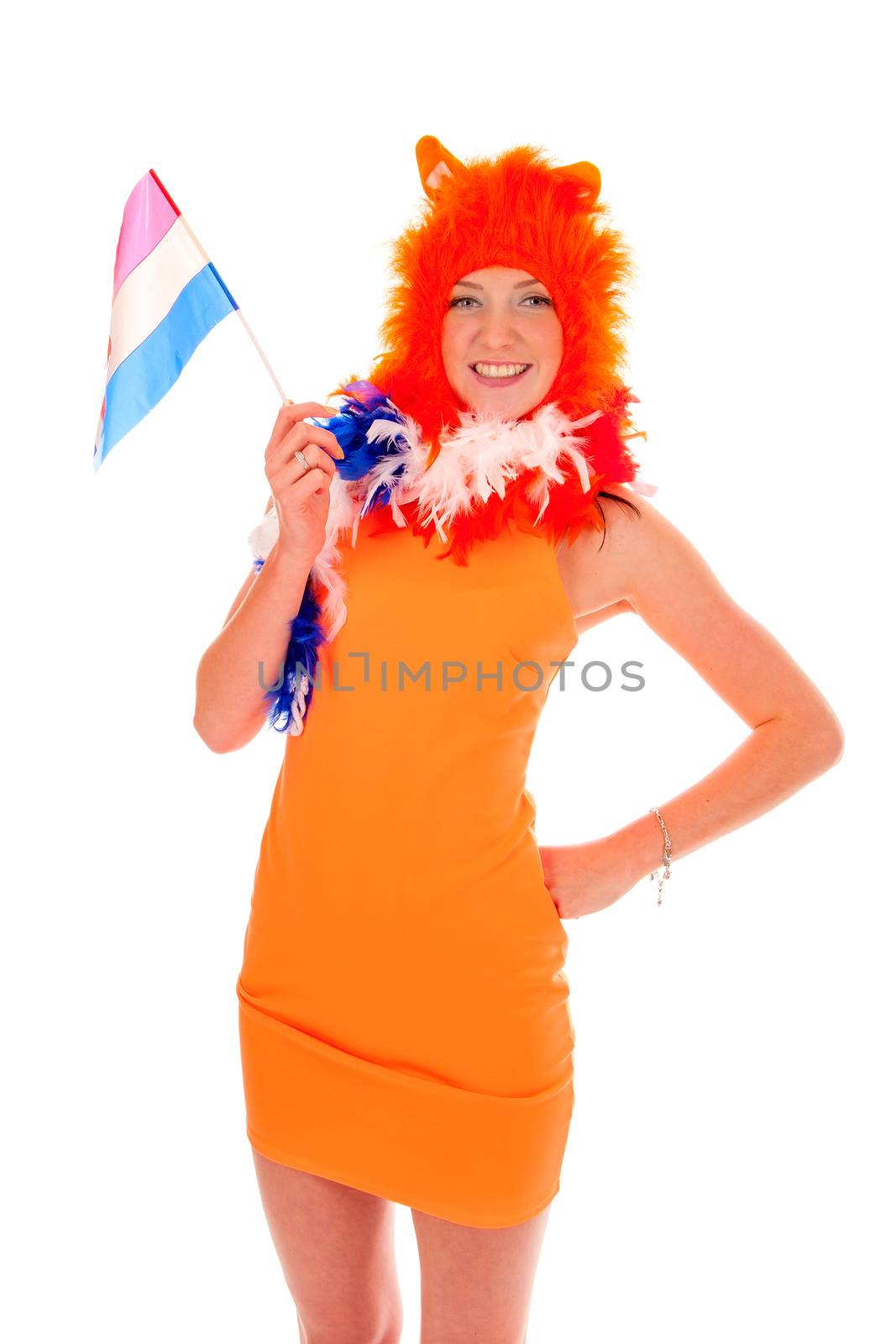 a girl, a supporter of the dutch soccerteam.