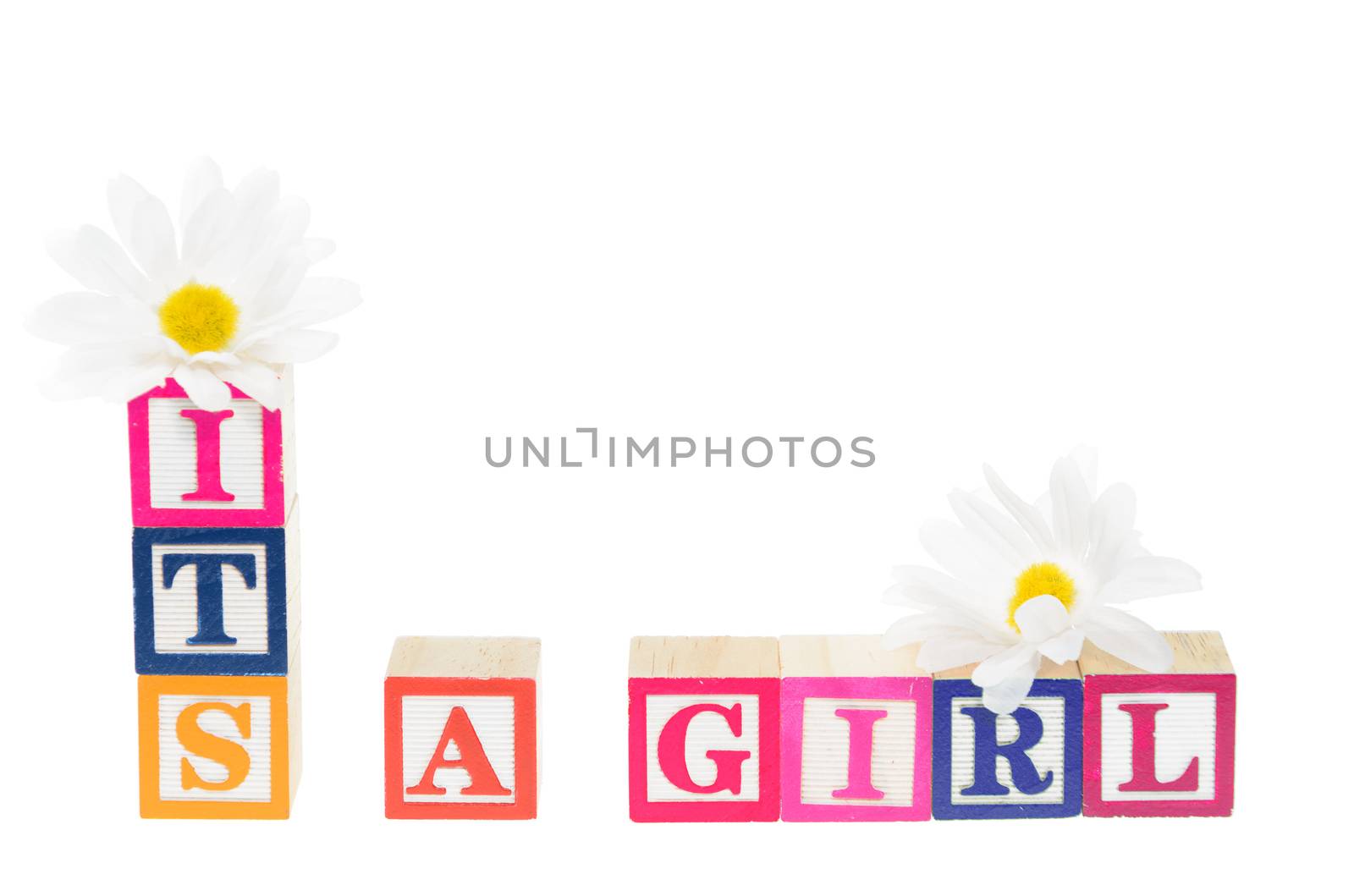 Letter blocks spelling its a girl with flowers. Isolated on a white background