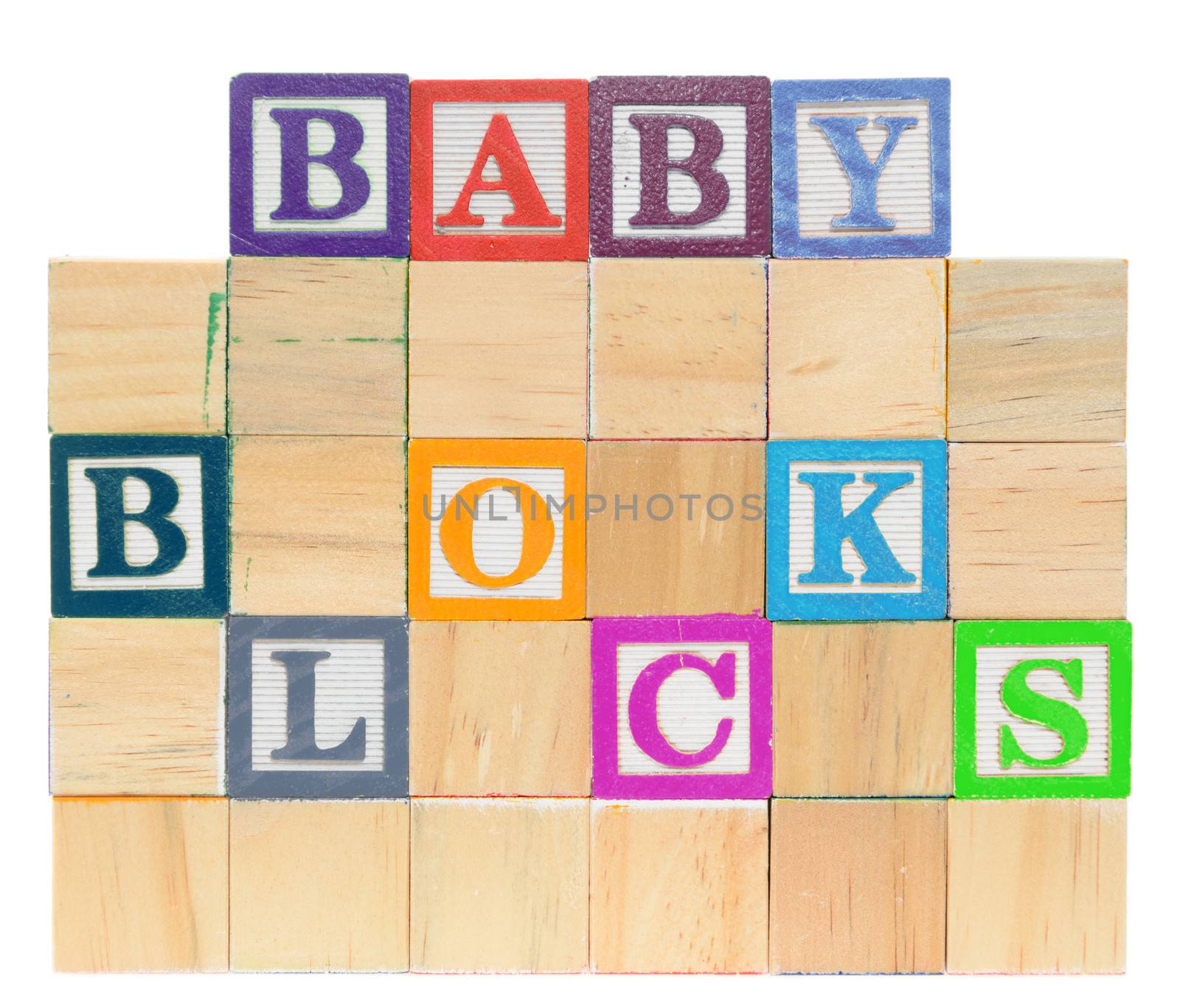 Letter blocks spelling baby blocks. Isolated on a white background.