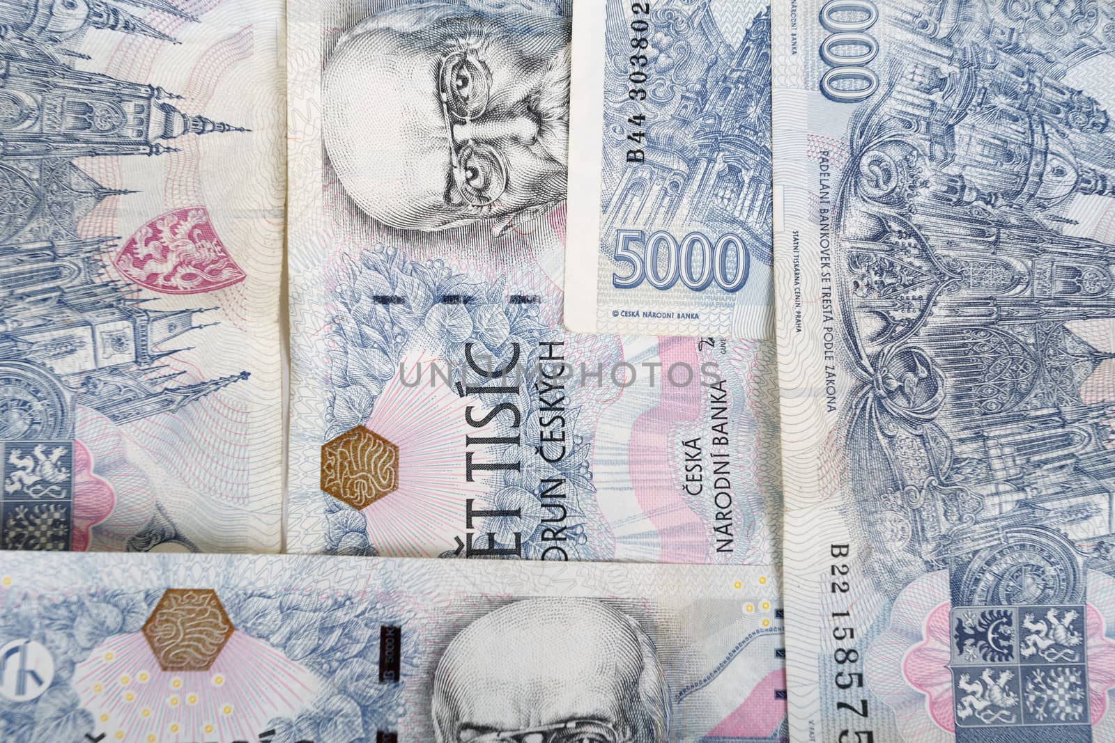 czech banknotes nominal value five thousand crowns as background