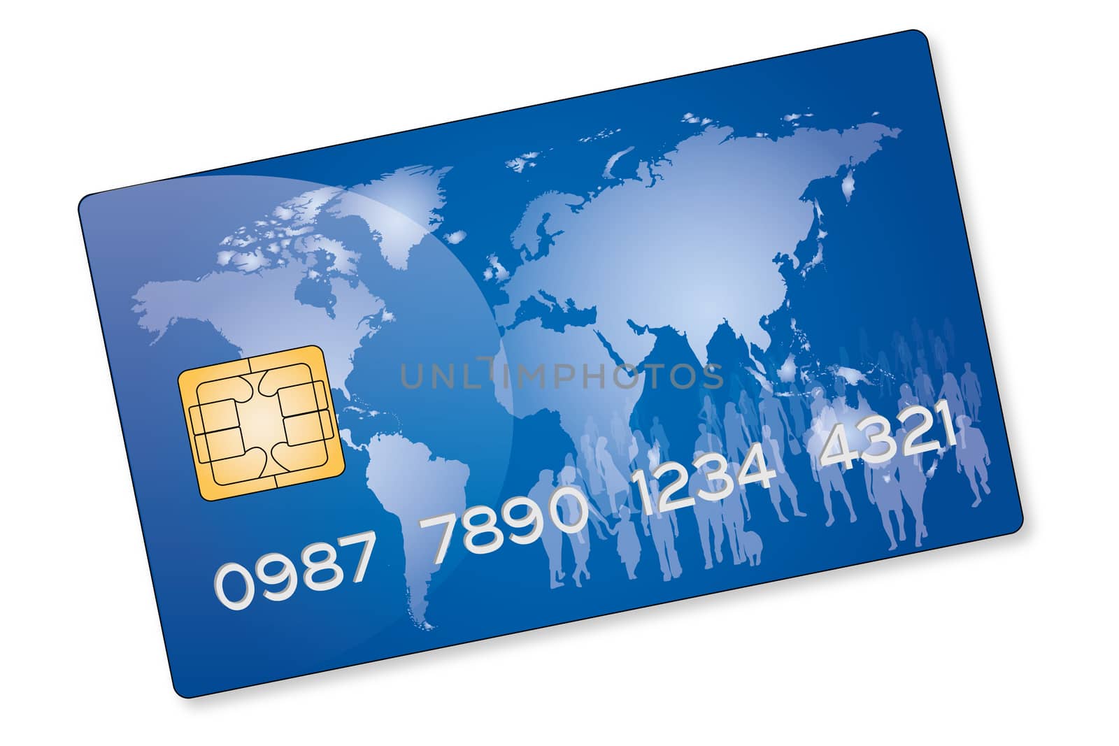drawing of a blue credit card with a crowd of people on a world map